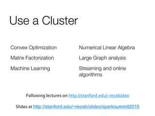 Use a Cluster
Convex Optimization
Matrix Factorization
Machine Learning

Numerical Linear Algebra
Large Graph analysis
Streaming and online
algorithms
Following	
  lectures	
  on	
  http://stanford.edu/~rezab/dao	
  
	
  	
  
Slides	
  at	
  http://stanford.edu/~rezab/slides/sparksummit2015
	
  
 