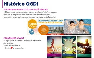 // CAMPANHA PRODUTO SLIM: ITAPUÃ PARQUE
- Diferente da campanha dos outros produtos “slim”, mas com
referência ao padrão da mesma – uso de cores e bolas
- Atenção: estamos livre para manter ou mudar este formato!
Histórico QGDI
// CAMPANHA:VIVANT
- Linguagem mais solta e maior plasticidade
das imagens
- Não foi veiculada!
- Cliente a campanha
 