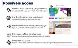 Ações na praça com tintas e/ou pó colorido
Ver os projetos “The color run” e “Holi – Festival das cores”
Uso de redes sociais para participação
Conteúdo sedutor e associado a projeto de vida
Possibilidade de uso da música como jingle
Explorar o potencial da trilha em distintas situações
Oficinas de grafite e stencil na praça
Oferecer dinâmicas com profissionais, como ocorre no MAM/BA
Sinergia de divulgação
Explorar a região (áreas públicas e shoppings) com ações e/ou informativos sobre o empreendimento
Possíveis ações
 