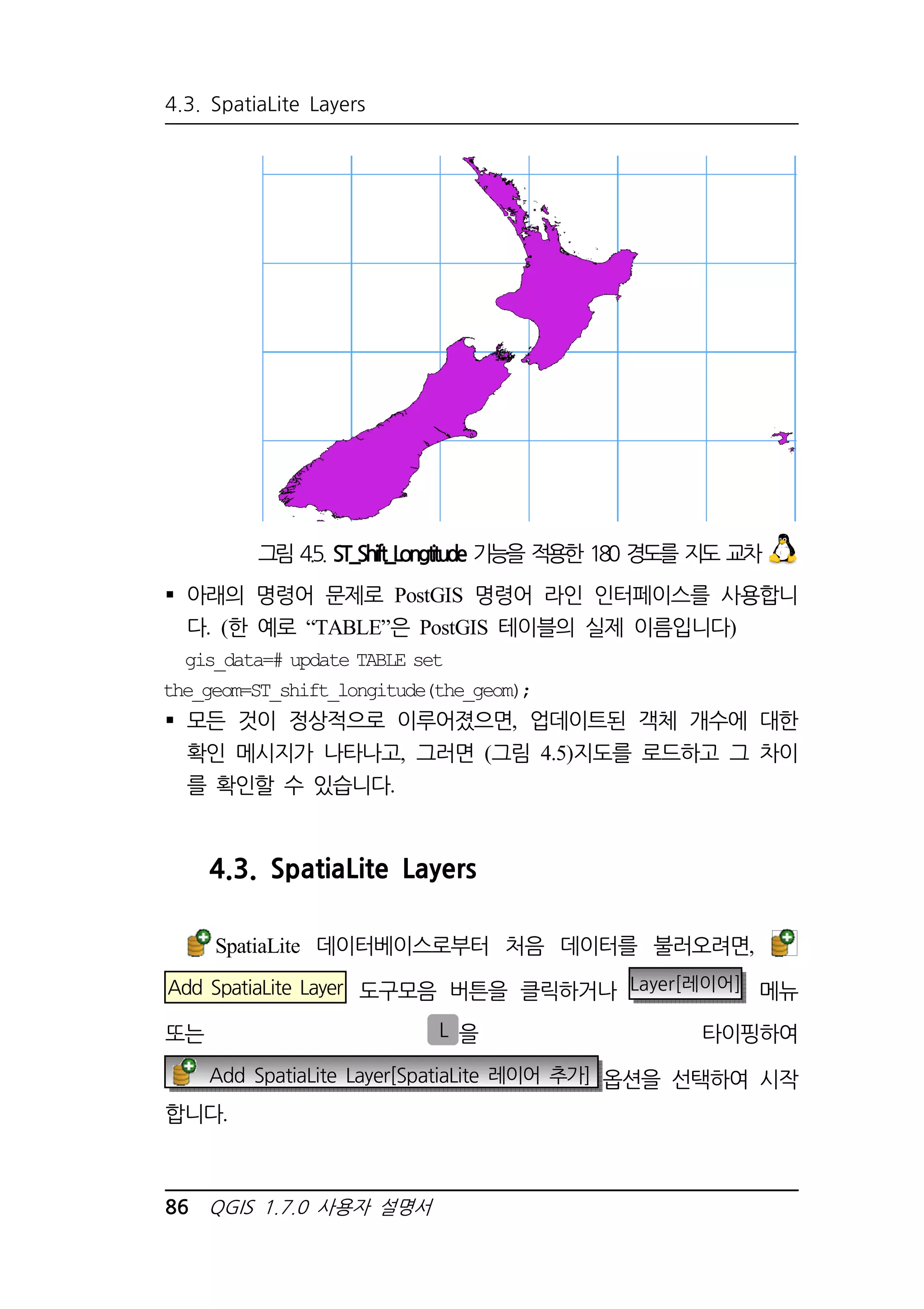4.3. SpatiaLite Layers 
그림 4.5. ST_Shift_Longtitude 기능을 적용한 180 경도를 지도 교차 
 아래의 명령어 문제로 PostGIS 명령어 라인 인터페이스를 사용합니 
다. (한 예로 “TABLE”은 PostGIS 테이블의 실제 이름입니다) 
gis_data=# update TABLE set 
the_geom=ST_shift_longitude(the_geom); 
 모든 것이 정상적으로 이루어졌으면, 업데이트된 객체 개수에 대한 
확인 메시지가 나타나고, 그러면 (그림 4.5)지도를 로드하고 그 차이 
를 확인할 수 있습니다. 
4.3. SpatiaLite Layers 
SpatiaLite 데이터베이스로부터 처음 데이터를 불러오려면, 
Add SpatiaLite Layer 도구모음 버튼을 클릭하거나 Layer[레이어] 메뉴 
또는 L 을 타이핑하여 
Add SpatiaLite Layer[SpatiaLite 레이어 추가] 옵션을 선택하여 시작 
합니다. 
86 QGIS 1.7.0 사용자 설명서 
 