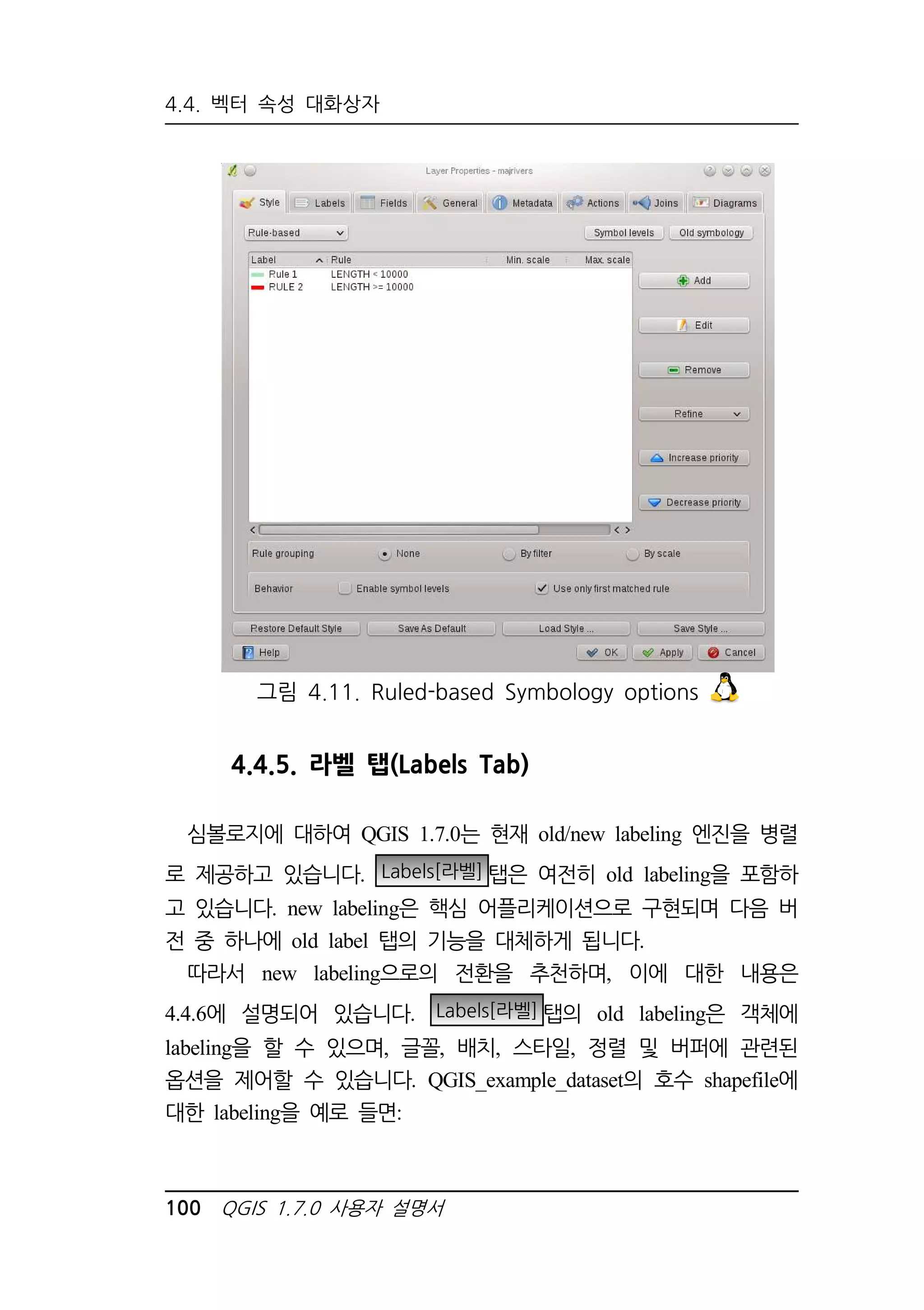 4.4. 벡터 속성 대화상자 
그림 4.11. Ruled-based Symbology options 
4.4.5. 라벨 탭(Labels Tab) 
심볼로지에 대하여 QGIS 1.7.0는 현재 old/new labeling 엔진을 병렬 
로 제공하고 있습니다. Labels[라벨] 탭은 여전히 old labeling을 포함하 
고 있습니다. new labeling은 핵심 어플리케이션으로 구현되며 다음 버 
전 중 하나에 old label 탭의 기능을 대체하게 됩니다. 
따라서 new labeling으로의 전환을 추천하며, 이에 대한 내용은 
4.4.6에 설명되어 있습니다. Labels[라벨] 탭의 old labeling은 객체에 
labeling을 할 수 있으며, 글꼴, 배치, 스타일, 정렬 및 버퍼에 관련된 
옵션을 제어할 수 있습니다. QGIS_example_dataset의 호수 shapefile에 
대한 labeling을 예로 들면: 
100 QGIS 1.7.0 사용자 설명서 
 