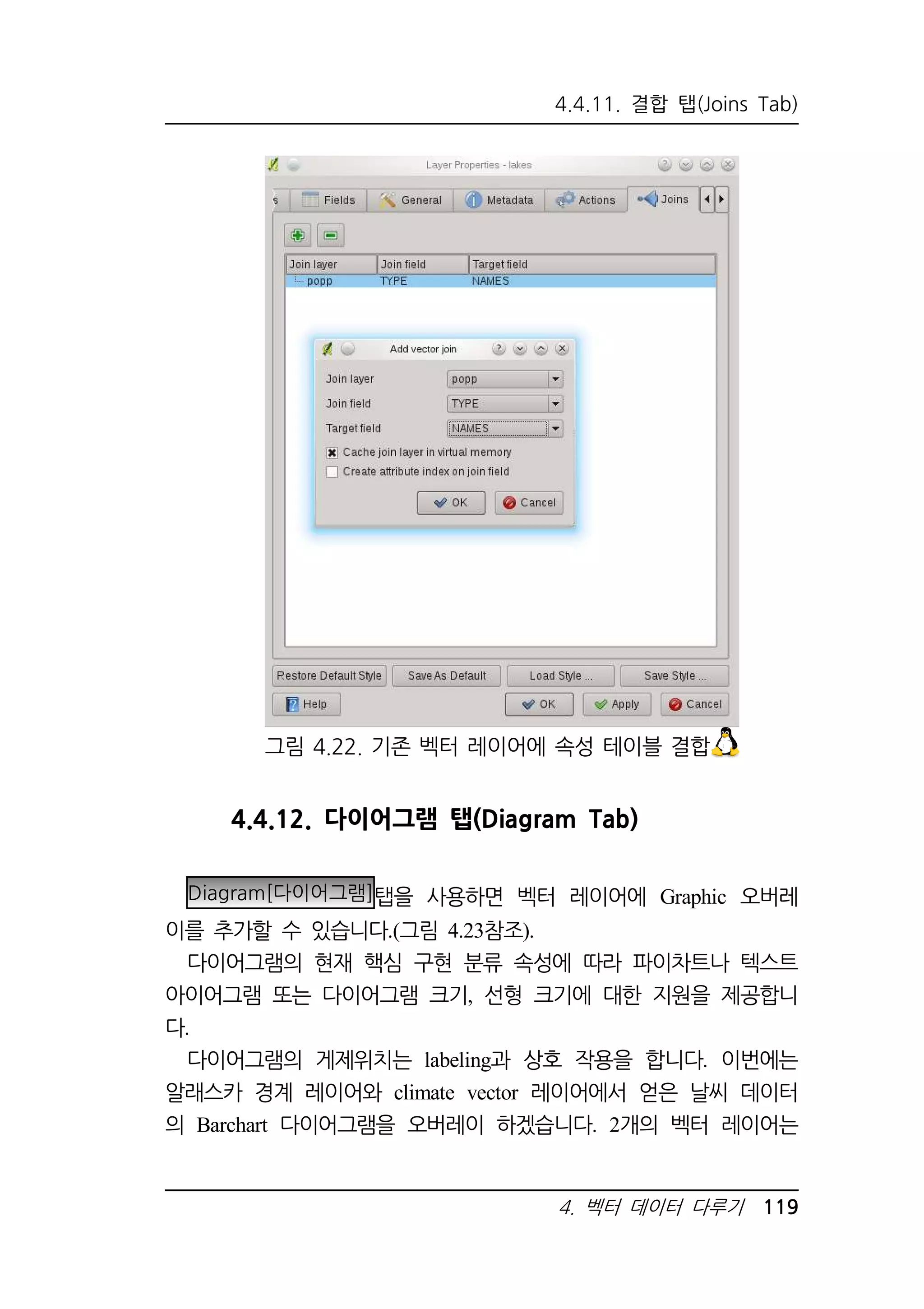 4.4.11. 결합 탭(Joins Tab) 
그림 4.22. 기존 벡터 레이어에 속성 테이블 결합 
4.4.12. 다이어그램 탭(Diagram Tab) 
Diagram[다이어그램]탭을 사용하면 벡터 레이어에 Graphic 오버레 
4. 벡터 데이터 다루기 119 
이를 추가할 수 있습니다.(그림 4.23참조). 
다이어그램의 현재 핵심 구현 분류 속성에 따라 파이차트나 텍스트 
아이어그램 또는 다이어그램 크기, 선형 크기에 대한 지원을 제공합니 
다. 
다이어그램의 게제위치는 labeling과 상호 작용을 합니다. 이번에는 
알래스카 경계 레이어와 climate vector 레이어에서 얻은 날씨 데이터 
의 Barchart 다이어그램을 오버레이 하겠습니다. 2개의 벡터 레이어는 
 