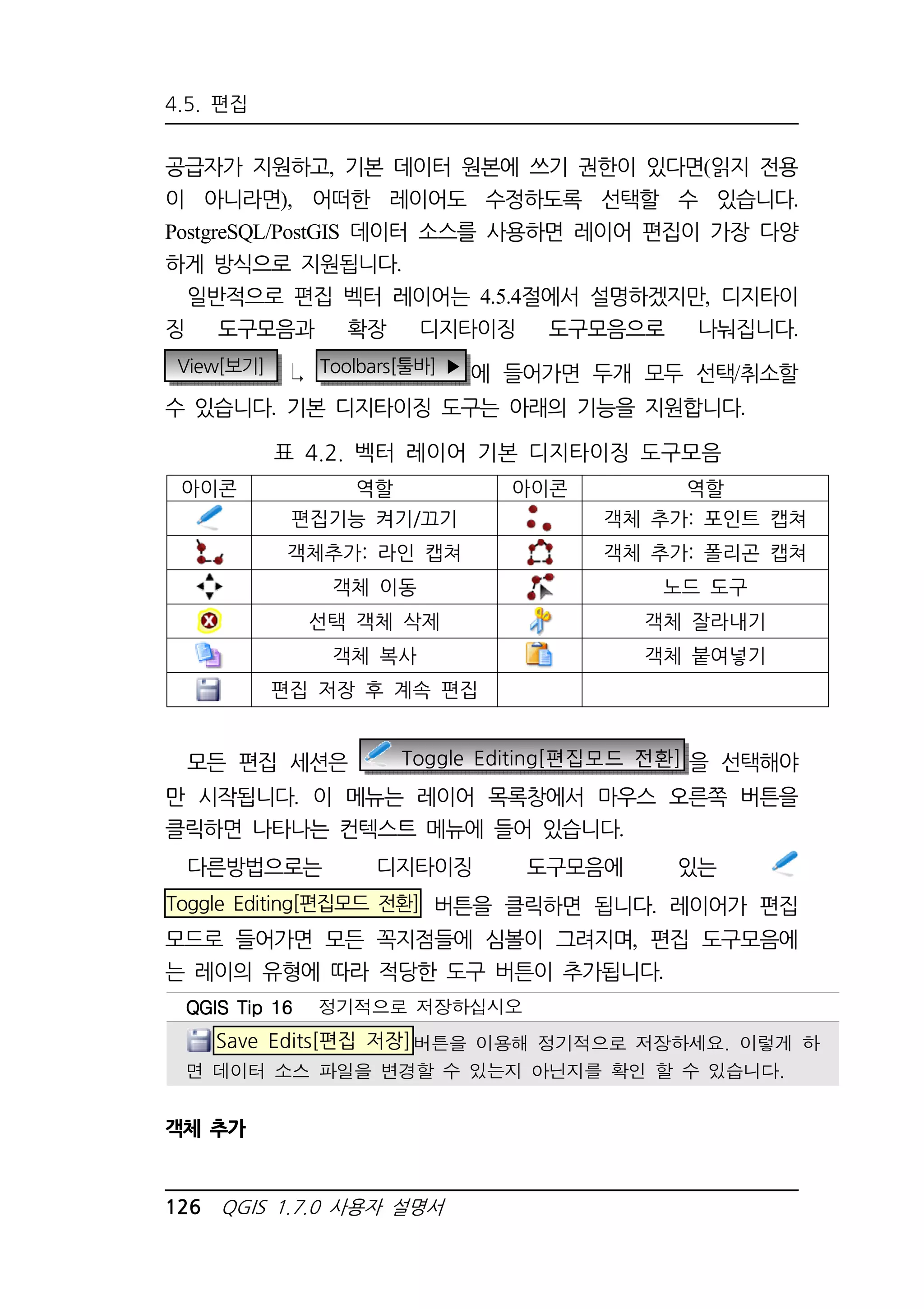 4.5. 편집 
공급자가 지원하고, 기본 데이터 원본에 쓰기 권한이 있다면(읽지 전용 
이 아니라면), 어떠한 레이어도 수정하도록 선택할 수 있습니다. 
PostgreSQL/PostGIS 데이터 소스를 사용하면 레이어 편집이 가장 다양 
하게 방식으로 지원됩니다. 
일반적으로 편집 벡터 레이어는 4.5.4절에서 설명하겠지만, 디지타이 
징 도구모음과 확장 디지타이징 도구모음으로 나눠집니다. 
View[보기] Toolbars[툴바] ▶ 에 들어가면 두개 모두 선택/취소할 
수 있습니다. 기본 디지타이징 도구는 아래의 기능을 지원합니다. 
표 4.2. 벡터 레이어 기본 디지타이징 도구모음 
아이콘 역할 아이콘 역할 
편집기능 켜기/끄기 객체 추가: 포인트 캡쳐 
객체추가: 라인 캡쳐 객체 추가: 폴리곤 캡쳐 
객체 이동 노드 도구 
선택 객체 삭제 객체 잘라내기 
객체 복사 객체 붙여넣기 
편집 저장 후 계속 편집 
모든 편집 세션은 Toggle Editing[편집모드 전환] 을 선택해야 
만 시작됩니다. 이 메뉴는 레이어 목록창에서 마우스 오른쪽 버튼을 
클릭하면 나타나는 컨텍스트 메뉴에 들어 있습니다. 
다른방법으로는 디지타이징 도구모음에 있는 
Toggle Editing[편집모드 전환] 버튼을 클릭하면 됩니다. 레이어가 편집 
모드로 들어가면 모든 꼭지점들에 심볼이 그려지며, 편집 도구모음에 
는 레이의 유형에 따라 적당한 도구 버튼이 추가됩니다. 
QQQQGGGGIIIISSSS TTTTiiiipppp 11116666 정기적으로 저장하십시오 
Save Edits[편집 저장]버튼을 이용해 정기적으로 저장하세요. 이렇게 하 
면 데이터 소스 파일을 변경할 수 있는지 아닌지를 확인 할 수 있습니다. 
객체 추가 
126 QGIS 1.7.0 사용자 설명서 
 