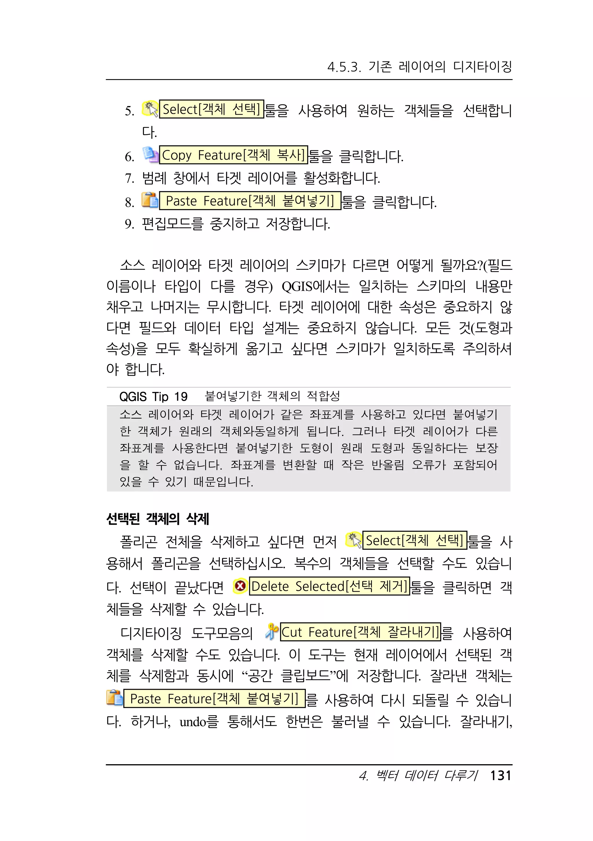4.5.3. 기존 레이어의 디지타이징 
5. Select[객체 선택]툴을 사용하여 원하는 객체들을 선택합니 
QQQQGGGGIIIISSSS TTTTiiiipppp 11119999 붙여넣기한 객체의 적합성 
소스 레이어와 타겟 레이어가 같은 좌표계를 사용하고 있다면 붙여넣기 
한 객체가 원래의 객체와동일하게 됩니다. 그러나 타겟 레이어가 다른 
좌표계를 사용한다면 붙여넣기한 도형이 원래 도형과 동일하다는 보장 
을 할 수 없습니다. 좌표계를 변환할 때 작은 반올림 오류가 포함되어 
있을 수 있기 때문입니다. 
4. 벡터 데이터 다루기 131 
다. 
6. Copy Feature[객체 복사]툴을 클릭합니다. 
7. 범례 창에서 타겟 레이어를 활성화합니다. 
8. Paste Feature[객체 붙여넣기] 툴을 클릭합니다. 
9. 편집모드를 중지하고 저장합니다. 
소스 레이어와 타겟 레이어의 스키마가 다르면 어떻게 될까요?(필드 
이름이나 타입이 다를 경우) QGIS에서는 일치하는 스키마의 내용만 
채우고 나머지는 무시합니다. 타겟 레이어에 대한 속성은 중요하지 않 
다면 필드와 데이터 타입 설계는 중요하지 않습니다. 모든 것(도형과 
속성)을 모두 확실하게 옮기고 싶다면 스키마가 일치하도록 주의하셔 
야 합니다. 
선택된 객체의 삭제 
폴리곤 전체을 삭제하고 싶다면 먼저 Select[객체 선택]툴을 사 
용해서 폴리곤을 선택하십시오. 복수의 객체들을 선택할 수도 있습니 
다. 선택이 끝났다면 Delete Selected[선택 제거]툴을 클릭하면 객 
체들을 삭제할 수 있습니다. 
디지타이징 도구모음의 Cut Feature[객체 잘라내기]를 사용하여 
객체를 삭제할 수도 있습니다. 이 도구는 현재 레이어에서 선택된 객 
체를 삭제함과 동시에 “공간 클립보드”에 저장합니다. 잘라낸 객체는 
Paste Feature[객체 붙여넣기] 를 사용하여 다시 되돌릴 수 있습니 
다. 하거나, undo를 통해서도 한번은 불러낼 수 있습니다. 잘라내기, 
 