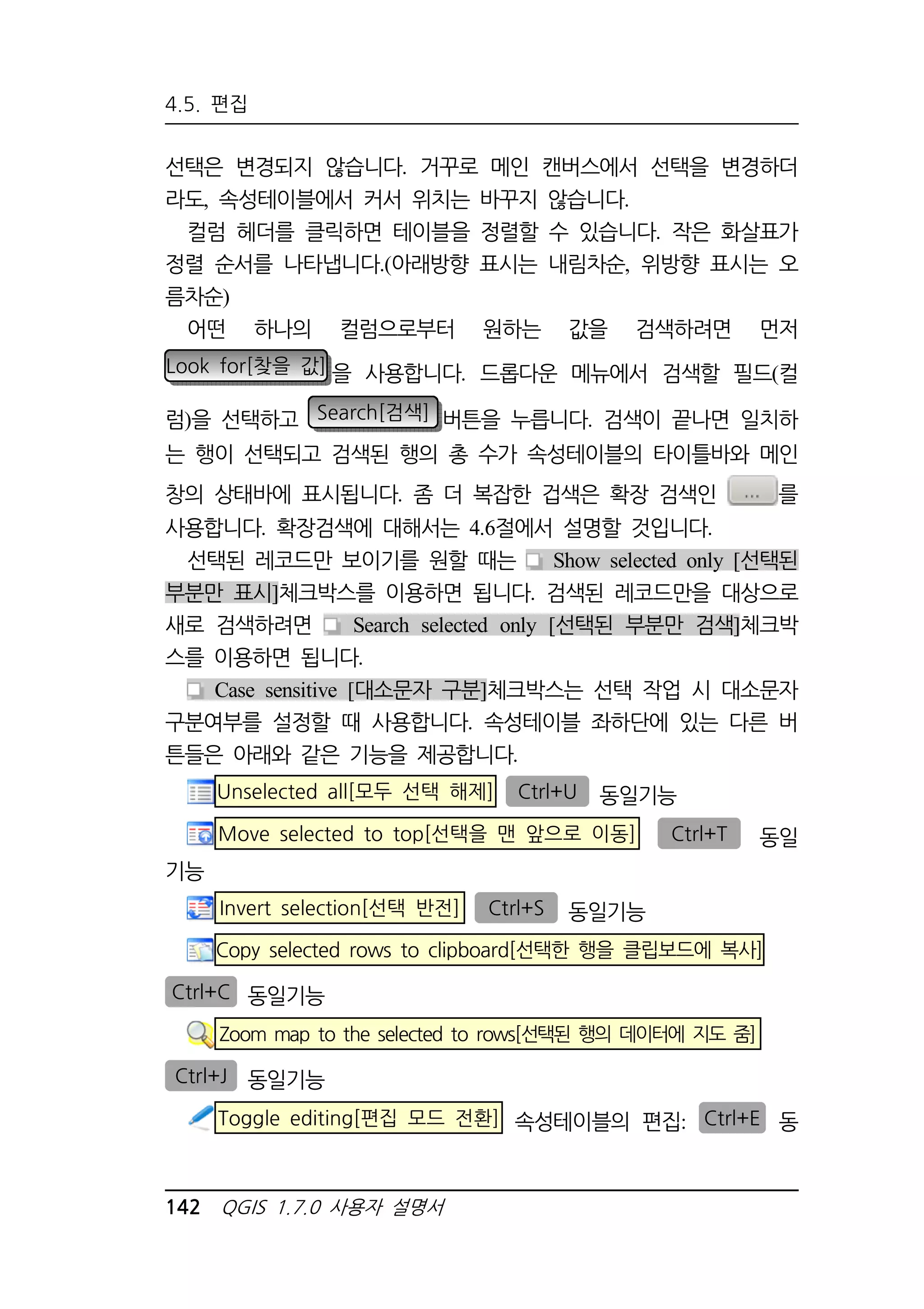4.5. 편집 
선택은 변경되지 않습니다. 거꾸로 메인 캔버스에서 선택을 변경하더 
라도, 속성테이블에서 커서 위치는 바꾸지 않습니다. 
컬럼 헤더를 클릭하면 테이블을 정렬할 수 있습니다. 작은 화살표가 
정렬 순서를 나타냅니다.(아래방향 표시는 내림차순, 위방향 표시는 오 
름차순) 
어떤 하나의 컬럼으로부터 원하는 값을 검색하려면 먼저 
Look for[찾을 값] 을 사용합니다. 드롭다운 메뉴에서 검색할 필드(컬 
럼)을 선택하고 Search[검색] 버튼을 누릅니다. 검색이 끝나면 일치하 
는 행이 선택되고 검색된 행의 총 수가 속성테이블의 타이틀바와 메인 
창의 상태바에 표시됩니다. 좀 더 복잡한 겁색은 확장 검색인 를 
사용합니다. 확장검색에 대해서는 4.6절에서 설명할 것입니다. 
선택된 레코드만 보이기를 원할 때는 Show selected only [선택된 
부분만 표시]체크박스를 이용하면 됩니다. 검색된 레코드만을 대상으로 
새로 검색하려면 Search selected only [선택된 부분만 검색]체크박 
스를 이용하면 됩니다. 
Case sensitive [대소문자 구분]체크박스는 선택 작업 시 대소문자 
구분여부를 설정할 때 사용합니다. 속성테이블 좌하단에 있는 다른 버 
튼들은 아래와 같은 기능을 제공합니다. 
Unselected all[모두 선택 해제] Ctrl+U 동일기능 
Move selected to top[선택을 맨 앞으로 이동] Ctrl+T 동일 
기능 
Invert selection[선택 반전] Ctrl+S 동일기능 
Copy selected rows to clipboard[선택한 행을 클립보드에 복사] 
Ctrl+C 동일기능 
Zoom map to the selected to rows[선택된 행의 데이터에 지도 줌] 
Ctrl+J 동일기능 
Toggle editing[편집 모드 전환] 속성테이블의 편집: Ctrl+E 동 
142 QGIS 1.7.0 사용자 설명서 
 
