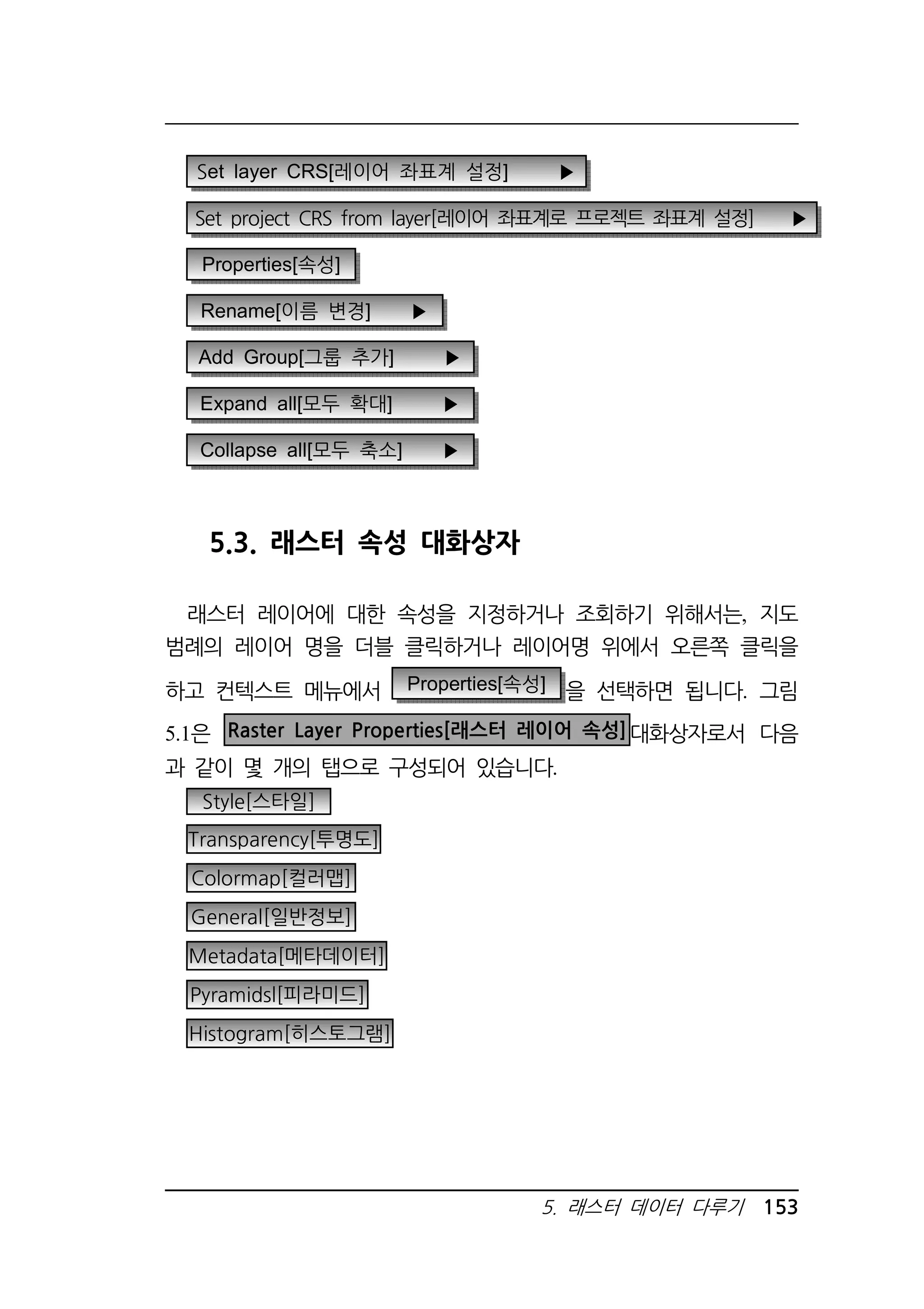 Set layer CRS[레이어 좌표계 설정] ▶ 
Set project CRS from layer[레이어 좌표계로 프로젝트 좌표계 설정] ▶ 
5. 래스터 데이터 다루기 153 
Properties[속성] 
Rename[이름 변경] ▶ 
Add Group[그룹 추가] ▶ 
Expand all[모두 확대] ▶ 
Collapse all[모두 축소] ▶ 
5.3. 래스터 속성 대화상자 
래스터 레이어에 대한 속성을 지정하거나 조회하기 위해서는, 지도 
범례의 레이어 명을 더블 클릭하거나 레이어명 위에서 오른쪽 클릭을 
하고 컨텍스트 메뉴에서 Properties[속성] 을 선택하면 됩니다. 그림 
5.1은 Raster Layer Properties[래스터 레이어 속성]대화상자로서 다음 
과 같이 몇 개의 탭으로 구성되어 있습니다. 
Style[스타일] 
Transparency[투명도] 
Colormap[컬러맵] 
General[일반정보] 
Metadata[메타데이터] 
Pyramidsl[피라미드] 
Histogram[히스토그램] 
 