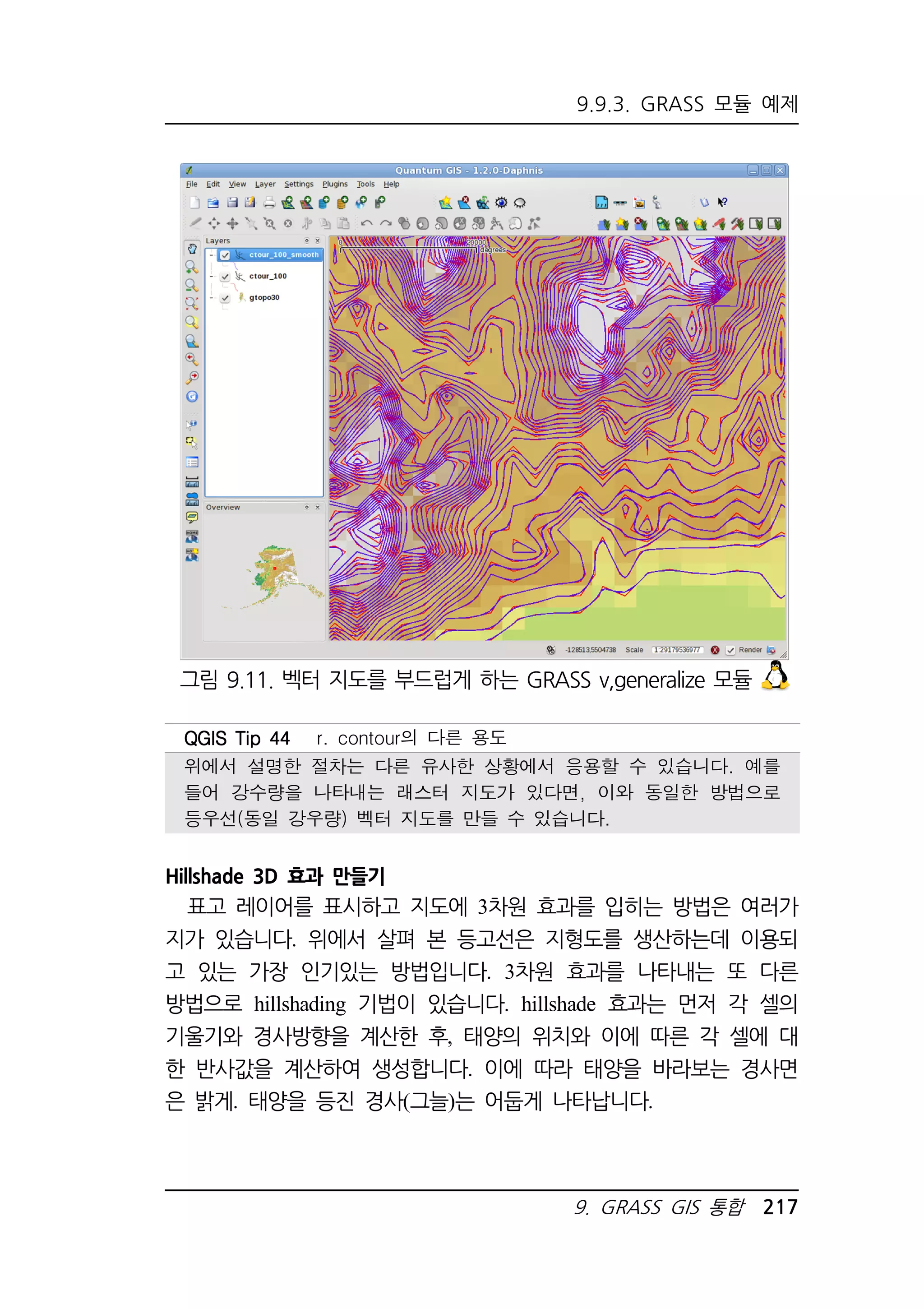 9.9.3. GRASS 모듈 예제 
그림 9.11. 벡터 지도를 부드럽게 하는 GRASS v,generalize 모듈 
QQQQGGGGIIIISSSS TTTTiiiipppp 44444444 r. contour의 다른 용도 
위에서 설명한 절차는 다른 유사한 상황에서 응용할 수 있습니다. 예를 
들어 강수량을 나타내는 래스터 지도가 있다면, 이와 동일한 방법으로 
등우선(동일 강우량) 벡터 지도를 만들 수 있습니다. 
9. GRASS GIS 통합 217 
Hillshade 3D 효과 만들기 
표고 레이어를 표시하고 지도에 3차원 효과를 입히는 방법은 여러가 
지가 있습니다. 위에서 살펴 본 등고선은 지형도를 생산하는데 이용되 
고 있는 가장 인기있는 방법입니다. 3차원 효과를 나타내는 또 다른 
방법으로 hillshading 기법이 있습니다. hillshade 효과는 먼저 각 셀의 
기울기와 경사방향을 계산한 후, 태양의 위치와 이에 따른 각 셀에 대 
한 반사값을 계산하여 생성합니다. 이에 따라 태양을 바라보는 경사면 
은 밝게. 태양을 등진 경사(그늘)는 어둡게 나타납니다. 
 