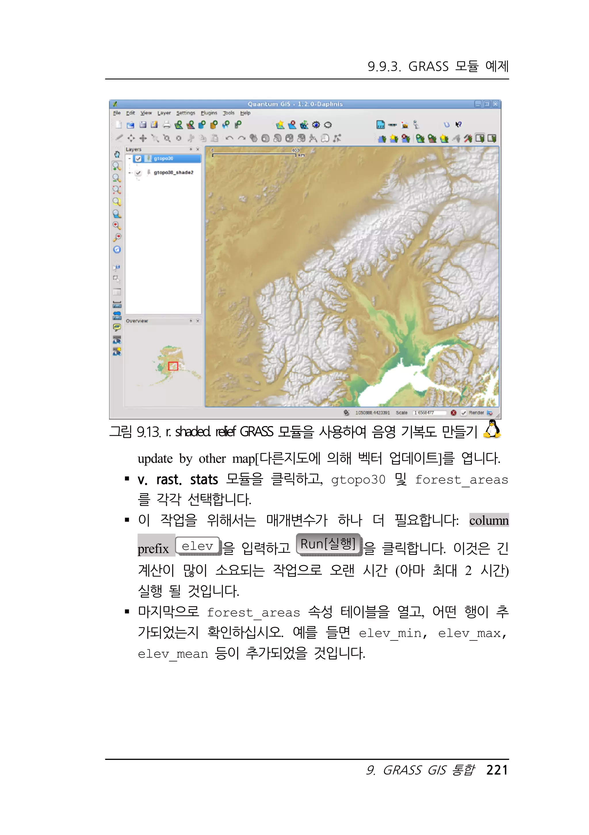 9.9.3. GRASS 모듈 예제 
그림 9.13. r. shaded. relief GRASS 모듈을 사용하여 음영 기복도 만들기 
update by other map[다른지도에 의해 벡터 업데이트]를 엽니다. 
 v. rast. stats 모듈을 클릭하고, gtopo30 및 forest_areas 
를 각각 선택합니다. 
 이 작업을 위해서는 매개변수가 하나 더 필요합니다: column 
prefix elev 을 입력하고 Run[실행] 을 클릭합니다. 이것은 긴 
계산이 많이 소요되는 작업으로 오랜 시간 (아마 최대 2 시간) 
실행 될 것입니다. 
 마지막으로 forest_areas 속성 테이블을 열고, 어떤 행이 추 
가되었는지 확인하십시오. 예를 들면 elev_min, elev_max, 
elev_mean 등이 추가되었을 것입니다. 
9. GRASS GIS 통합 221 
 