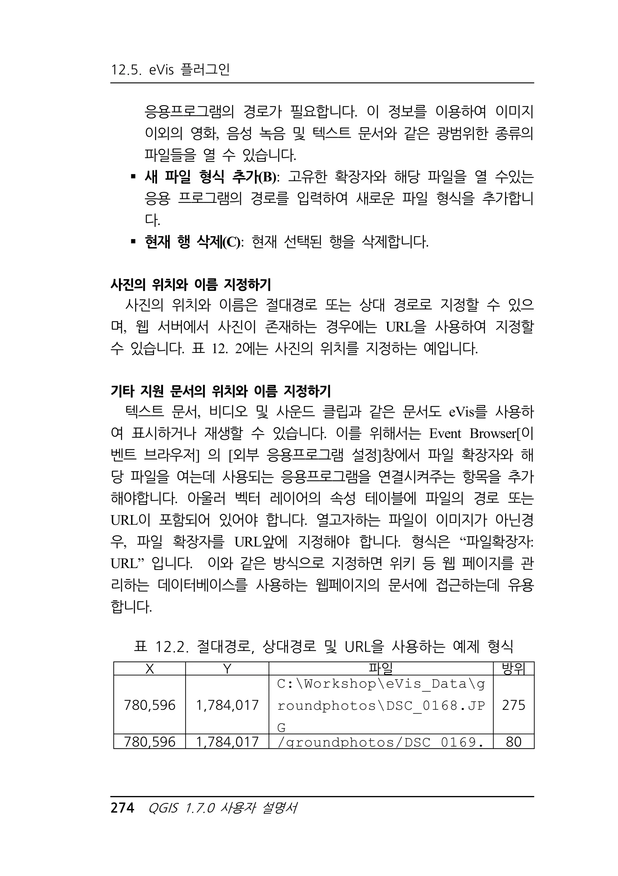 12.5. eVis 플러그인 
응용프로그램의 경로가 필요합니다. 이 정보를 이용하여 이미지 
이외의 영화, 음성 녹음 및 텍스트 문서와 같은 광범위한 종류의 
파일들을 열 수 있습니다. 
 새 파일 형식 추가(B): 고유한 확장자와 해당 파일을 열 수있는 
응용 프로그램의 경로를 입력하여 새로운 파일 형식을 추가합니 
다. 
 현재 행 삭제(C): 현재 선택된 행을 삭제합니다. 
사진의 위치와 이름 지정하기 
사진의 위치와 이름은 절대경로 또는 상대 경로로 지정할 수 있으 
며, 웹 서버에서 사진이 존재하는 경우에는 URL을 사용하여 지정할 
수 있습니다. 표 12. 2에는 사진의 위치를 지정하는 예입니다. 
기타 지원 문서의 위치와 이름 지정하기 
텍스트 문서, 비디오 및 사운드 클립과 같은 문서도 eVis를 사용하 
여 표시하거나 재생할 수 있습니다. 이를 위해서는 Event Browser[이 
벤트 브라우저] 의 [외부 응용프로그램 설정]창에서 파일 확장자와 해 
당 파일을 여는데 사용되는 응용프로그램을 연결시켜주는 항목을 추가 
해야합니다. 아울러 벡터 레이어의 속성 테이블에 파일의 경로 또는 
URL이 포함되어 있어야 합니다. 열고자하는 파일이 이미지가 아닌경 
우, 파일 확장자를 URL앞에 지정해야 합니다. 형식은 “파일확장자: 
URL” 입니다. 이와 같은 방식으로 지정하면 위키 등 웹 페이지를 관 
리하는 데이터베이스를 사용하는 웹페이지의 문서에 접근하는데 유용 
합니다. 
표 12.2. 절대경로, 상대경로 및 URL을 사용하는 예제 형식 
X Y 파일 방위 
780,596 1,784,017 
C:WorkshopeVis_Datag 
roundphotosDSC_0168.JP 
G 
274 QGIS 1.7.0 사용자 설명서 
275 
780,596 1,784,017 /groundphotos/DSC_0169. 80 
 