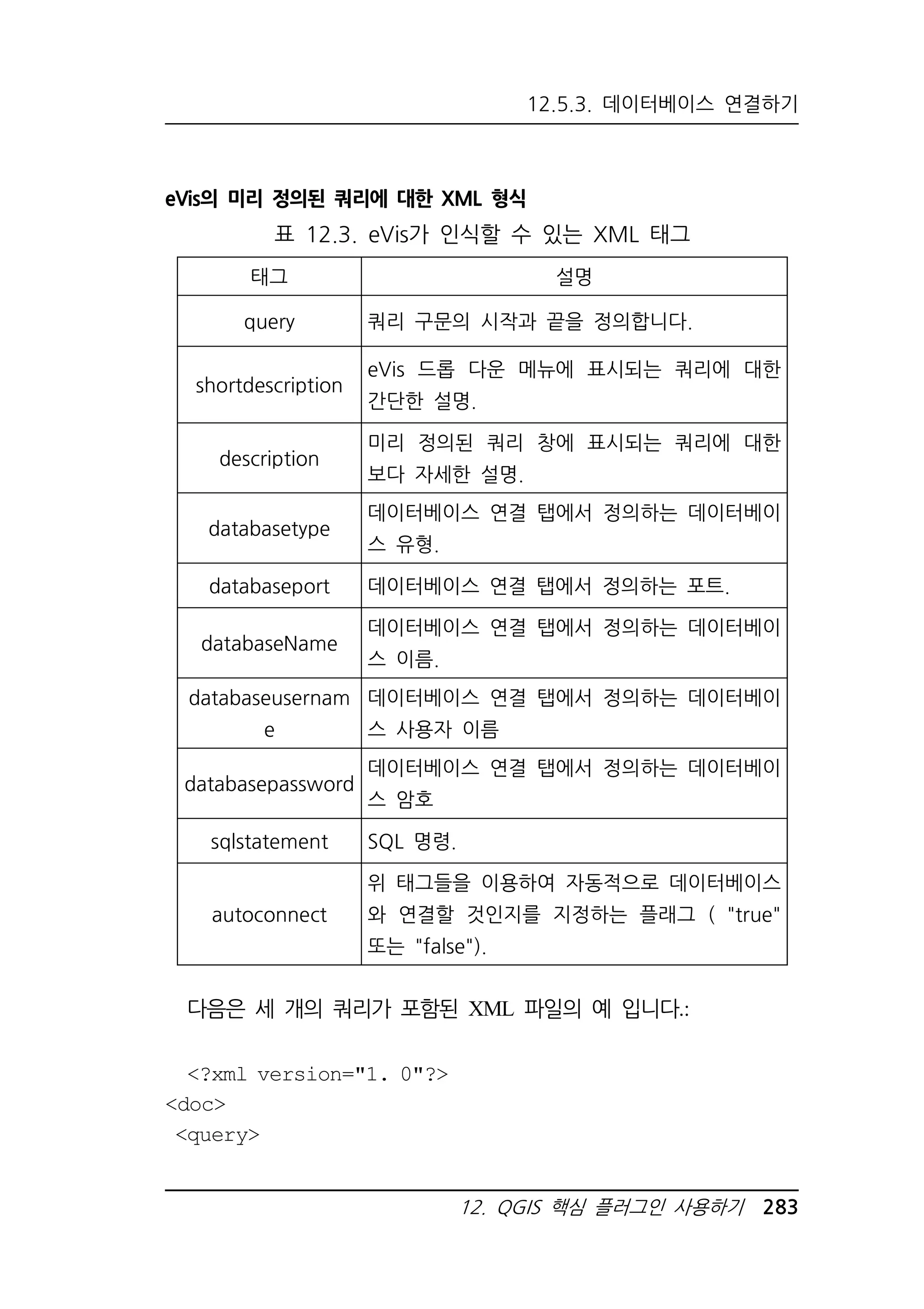 12.5.3. 데이터베이스 연결하기 
eVis의 미리 정의된 쿼리에 대한 XML 형식 
표 12.3. eVis가 인식할 수 있는 XML 태그 
태그 설명 
query 쿼리 구문의 시작과 끝을 정의합니다. 
shortdescription 
다음은 세 개의 쿼리가 포함된 XML 파일의 예 입니다.: 
12. QGIS 핵심 플러그인 사용하기 283 
?xml version=1. 0? 
doc 
query 
eVis 드롭 다운 메뉴에 표시되는 쿼리에 대한 
간단한 설명. 
description 
미리 정의된 쿼리 창에 표시되는 쿼리에 대한 
보다 자세한 설명. 
databasetype 
데이터베이스 연결 탭에서 정의하는 데이터베이 
스 유형. 
databaseport 데이터베이스 연결 탭에서 정의하는 포트. 
databaseName 
데이터베이스 연결 탭에서 정의하는 데이터베이 
스 이름. 
databaseusernam 
e 
데이터베이스 연결 탭에서 정의하는 데이터베이 
스 사용자 이름 
databasepassword 
데이터베이스 연결 탭에서 정의하는 데이터베이 
스 암호 
sqlstatement SQL 명령. 
autoconnect 
위 태그들을 이용하여 자동적으로 데이터베이스 
와 연결할 것인지를 지정하는 플래그 ( true 
또는 false). 
 