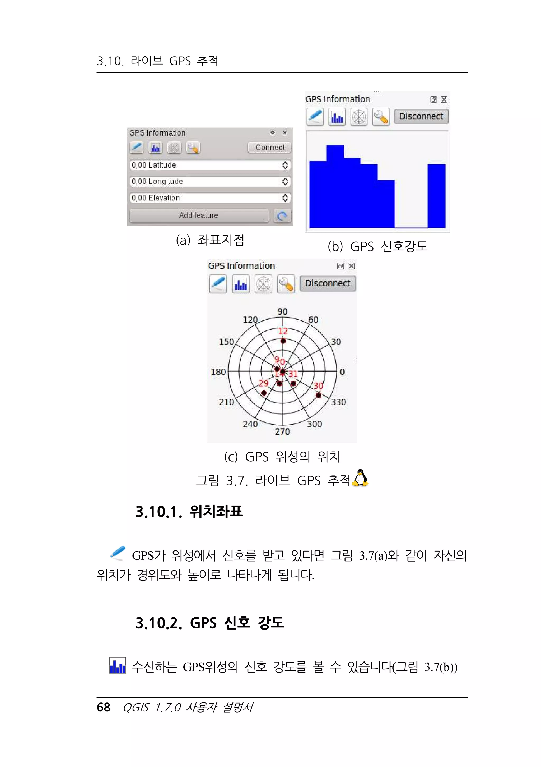3.10. 라이브 GPS 추적 
(a) 좌표지점 
68 QGIS 1.7.0 사용자 설명서 
(b) GPS 신호강도 
(c) GPS 위성의 위치 
그림 3.7. 라이브 GPS 추적 
3.10.1. 위치좌표 
GPS가 위성에서 신호를 받고 있다면 그림 3.7(a)와 같이 자신의 
위치가 경위도와 높이로 나타나게 됩니다. 
3.10.2. GPS 신호 강도 
수신하는 GPS위성의 신호 강도를 볼 수 있습니다(그림 3.7(b)) 
 