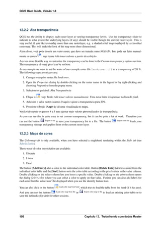 QGIS User Guide, Versão 1.8
12.2.2 Aba transparência
QGIS has the ability to display each raster layer at varying transparency levels. Use the transparency slider to
indicate to what extent the underlying layers (if any) should be visible though the current raster layer. This is
very useful, if you like to overlay more than one rasterlayer, e.g. a shaded relief map overlayed by a classiﬁed
rastermap. This will make the look of the map more three dimensional.
Além disso, você pode inserir um valor raster, que deve ser tratada como NODATA. Isto pode ser feito manual-
mente ou com o : sup: ícone Adicionar valores a partir da exibição.
An even more ﬂexible way to customize the transparency can be done in the Custom transparency options section.
The transparency of every pixel can be set here.
As an example we want to set the water of our example raster ﬁle landcover.tif to a transparency of 20 %.
The following steps are neccessary:
1. Carregar o arquivo raster:ﬁle:landcover.
2. Open the Properties dialog by double-clicking on the raster name in the legend or by right-clicking and
choosing Properties from the popup menu.
3. Selecione o :guilabel: Aba Transparência
4. Clique o :sup: Botão Adicionar valores manualmente. Uma nova linha irá aparecer na lista de pixel.
5. Adicione o valor raster (usamos 0 aqui) e ajuste a transparencia para 20%.
6. Pressione o botão [Apply] e dê uma visualizada no mapa.
Você pode repetir os passos 4 e 5 para ajustar mais valores personalizados de transparência.
As you can see this is quite easy to set custom transparency, but it can be quite a lot of work. Therefore you
can use the button Export to ﬁle
to save your transparency list to a ﬁle. The button Import from ﬁle
loads your
transparency settings and applies them to the current raster layer.
12.2.3 Mapa de cores
The Colormap tab is only available, when you have selected a singleband rendering within the Style tab (see
Tabela Estilo).
Three ways of color interpolation are available:
1. Discrete
2. Linear
3. Exact
The button [Add Entry] adds a color to the individual color table. Button [Delete Entry] deletes a color from the
individual color table and the [Sort] button sorts the color table according to the pixel values in the value column.
Double clicking on the value-column lets you insert a speciﬁc value. Double clicking on the color-column opens
the dialog Select color where you can select a color to apply on that value. Further you can also add labels for
each color but this value won’t be displayed when you use the identify feature tool.
You can also click on the button Load color map from band
, which tries to load the table from the band (if it has any).
And you can use the buttons Load color map from ﬁle
or Export color map to ﬁle
to load an existing color table or to
save the deﬁned color table for other sessions.
108 Capítulo 12. Trabalhando com dados Raster
 