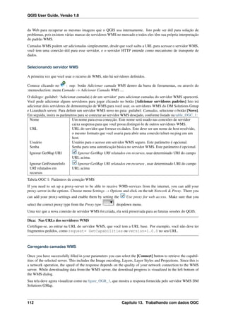 QGIS User Guide, Versão 1.8
da Web para recuperar as mesmas imagens que o QGIS usa internamente. Isto pode ser útil para solução de
problemas, pois existem várias marcas de servidores WMS no mercado e todos eles têm sua própria interpretação
do padrão WMS.
Camadas WMS podem ser adicionadas simplesmente, desde que você saiba a URL para acessar o servidor WMS,
você tem uma conexão útil para esse servidor, e o servidor HTTP entende como mecanismo de transporte de
dados.
Selecionando servidor WMS
A primeira vez que você usar o recurso de WMS, não há servidores deﬁnidos.
Comece clicando no : sup: botão Adicionar camada WMS dentro da barra de ferramentas, ou através do
:menuselection: menu Camada –> Adicionar Camada WMS ....
O diálogo: guilabel: ‘Adicionar camada(s) de um servidor‘ para adicionar camadas do servidor WMS aparecerá.
Você pode adicionar alguns servidores para jogar clicando no botão [Adicionar servidores padrões] Isto irá
adicionar dois servidores de demonstração de WMS para você usar, os servidores WMS do DM Solutions Gmap
e Lizardtech server. Para deﬁnir um servidor WMS novo no guia: guilabel: Camadas, selecione o botão [Novo].
Em seguida, insira os parâmetros para se conectar ao servidor WMS desejado, conforme listado na table_OGC_1:
Nome Um nome para essa conecção. Este nome será usado nas conexões de servidor
caixa suspensa para que você possa distingui-lo de outros servidores WMS.
URL URL do servidor que fornece os dados. Este deve ser um nome de host resolvido,
o mesmo formato que você usaria para abrir uma conexão telnet ou ping em um
host.
Usuário Usuário para o acesso em servidor WMS seguro. Este parâmetro é opcional.
Senha Senha para uma autenticação básica no servidor WMS. Este parâmetro é opcional.
Ignorar GetMap URI Ignorar GetMap URI relatados em recursos, usar determinado URI do campo
URL acima.
Ignorar GetFeatureInfo
URI relatados em
recursos
Ignorar GetMap URI relatados em recursos , usar determinado URI do campo
URL acima
Tabela OGC 1: Parâmtros de coneção WMS
If you need to set up a proxy-server to be able to receive WMS-services from the internet, you can add your
proxy-server in the options. Choose menu Settings → Options and click on the tab Network & Proxy. There you
can add your proxy-settings and enable them by setting the Use proxy for web access. Make sure that you
select the correct proxy type from the Proxy type dropdown menu.
Uma vez que a nova conexão de servidor WMS foi criada, ela será preservada para as futuras sessões do QGIS.
Dica: Nas URLs dos servidores WMS
Certiﬁque-se, ao entrar na URL do servidor WMS, que você tem a URL base. Por exemplo, você não deve ter
fragmentos pedidos, como request= GetCapabilities ou version=1.0.0 no seu URL.
Carregando camadas WMS
Once you have successfully ﬁlled in your parameters you can select the [Connect] button to retrieve the capabil-
ities of the selected server. This includes the Image encoding, Layers, Layer Styles and Projections. Since this is
a network operation, the speed of the response depends on the quality of your network connection to the WMS
server. While downloading data from the WMS server, the download progress is visualized in the left bottom of
the WMS dialog.
Sua tela deve agora visualizar como na ﬁgure_OGR_1, que mostra a resposta fornecida pelo servidor WMS DM
Solutions GMap.
112 Capítulo 13. Trabalhando com dados OGC
 