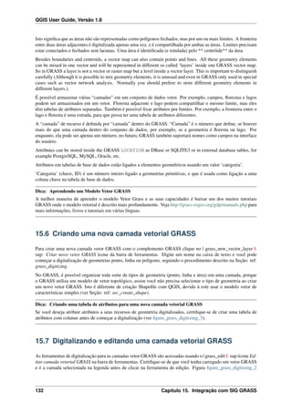 QGIS User Guide, Versão 1.8
Isto signiﬁca que as áreas não são representadas como polígonos fechados, mas por um ou mais limites. A fronteira
entre duas áreas adjacentes é digitalizada apenas uma vez, e é compartilhada por ambas as áreas. Limites precisam
estar conectados e fechados sem lacunas. Uma área é identiﬁcada (e rotulada) pelo ** centróide** da área.
Besides boundaries and centroids, a vector map can also contain points and lines. All these geometry elements
can be mixed in one vector and will be represented in different so called ‘layers’ inside one GRASS vector map.
So in GRASS a layer is not a vector or raster map but a level inside a vector layer. This is important to distinguish
carefully (Although it is possible to mix geometry elements, it is unusual and even in GRASS only used in special
cases such as vector network analysis. Normally you should prefere to store different geometry elements in
different layers.).
É possível armazenar várias “camadas” em um conjunto de dados vetor. Por exemplo, campos, ﬂorestas e lagos
podem ser armazenados em um vetor. Floresta adjacente e lago podem compartilhar o mesmo limite, mas eles
têm tabelas de atributos separadas. Também é possível ﬁxar atributos por limites. Por exemplo, a fronteira entre o
lago e ﬂoresta é uma estrada, para que possa ter uma tabela de atributos diferentes.
A “camada” de recurso é deﬁnida por “camada” dentro do GRASS. “Camada” é o número que deﬁne, se houver
mais do que uma camada dentro do conjunto de dados, por exemplo, se a geometria é ﬂoresta ou lago. Por
enquanto, ela pode ser apenas um número, no futuro, GRASS também suportará nomes como campos na interface
do usuário.
Attributes can be stored inside the GRASS LOCATION as DBase or SQLITE3 or in external database tables, for
example PostgreSQL, MySQL, Oracle, etc.
Atributos em tabelas de base de dados estão ligados a elementos geométricos usando um valor ‘categoria’.
‘Categoria’ (chave, ID) é um número inteiro ligado a geometrias primitivas, e que é usada como ligação a uma
coluna chave na tabela de base de dados.
Dica: Aprendendo um Modelo Vetor GRASS
A melhor maneira de aprender o modelo Vetor Grass e as suas capacidades é baixar um dos muitos tutoriais
GRASS onde o modelo vetorial é descrito mais profundamente. Veja http://grass.osgeo.org/gdp/manuals.php para
mais informações, livros e tutoriais em várias línguas.
15.6 Criando uma nova camada vetorial GRASS
Para criar uma nova camada vetor GRASS com o complemento GRASS clique no | grass_new_vector_layer |:
sup: Criar novo vetor GRASS ícone da barra de ferramentas. Digite um nome na caixa de texto e você pode
começar a digitalização de geometrias ponto, linha ou polígono, seguindo o procedimento descrito na Seção: ref:
grass_digitizing.
No GRASS, é possível organizar toda sorte de tipos de geometria (ponto, linha e área) em uma camada, porque
o GRASS utiliza um modelo de vetor topológico, assim você não precisa selecionar o tipo de geometria ao criar
um novo vetor GRASS. Isto é diferente de criação Shapeﬁle com QGIS, devido à este usar o modelo vetor de
características simples (ver Seção: ref: sec_create_shape).
Dica: Criando uma tabela de atributos para uma nova camada vetorial GRASS
Se você deseja atribuir atributos a seus recursos de geometria digitalizados, certiﬁque-se de criar uma tabela de
atributos com colunas antes de começar a digitalização (ver ﬁgure_grass_digitizing_5).
15.7 Digitalizando e editando uma camada vetorial GRASS
As ferramentas de digitalização para as camadas vetor GRASS são acessadas usando o | grass_edit |: sup:ícone Ed-
itar camada vetorial GRASS na barra de ferramentas. Certiﬁque-se de que você tenha carregado um vetor GRASS
e é a camada selecionada na legenda antes de clicar na ferramenta de edição. Figura ﬁgure_grass_digitizing_2
132 Capítulo 15. Integração com SIG GRASS
 