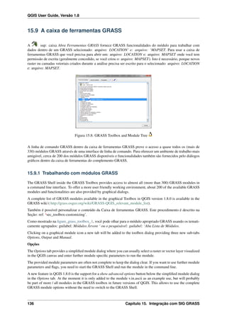 QGIS User Guide, Versão 1.8
15.9 A caixa de ferramentas GRASS
A : sup: caixa Abra Ferramentas GRASS fornece GRASS funcionalidades do módulo para trabalhar com
dados dentro de um GRASS selecionado: arquivo: LOCATION’ e: arquivo: ‘MAPSET. Para usar a caixa de
ferramentas GRASS que você precisa para abrir um: arquivo: LOCATION e: arquivo: MAPSET onde você tem
permissão de escrita (geralmente concedido, se você criou o: arquivo: MAPSET). Isto é necessário, porque novos
raster ou camadas vetoriais criados durante a análise precisa ser escrito para o selecionado: arquivo: LOCATION
e: arquivo: MAPSET.
Figura 15.8: GRASS Toolbox and Module Tree
A linha de comando GRASS dentro da caixa de ferramentas GRASS prove o acesso a quase todos os (mais de
330) módulos GRASS através de uma interface de linha de comando. Para oferecer um ambiente de trabalho mais
amigável, cerca de 200 dos módulos GRASS disponíveis e funcionalidades também são fornecidos pelo diálogos
gráﬁcos dentro da caixa de ferramentas do complemento GRASS.
15.9.1 Trabalhando com módulos GRASS
The GRASS Shell inside the GRASS Toolbox provides access to almost all (more than 300) GRASS modules in
a command line interface. To offer a more user friendly working environment, about 200 of the available GRASS
modules and functionalities are also provided by graphical dialogs.
A complete list of GRASS modules available in the graphical Toolbox in QGIS version 1.8.0 is available in the
GRASS wiki ( http://grass.osgeo.org/wiki/GRASS-QGIS_relevant_module_list).
Também é possível personalizar o conteúdo da Caixa de ferramentas GRASS. Este procedimento é descrito na
Seção: ref: ‘sec_toolbox-customizing’.
Como mostrado na ﬁgure_grass_toolbox_1, você pode olhar para o módulo apropriado GRASS usando os temati-
camente agrupados: guilabel: Módulos Árvore ‘ ou o pesquisável: guilabel: ‘Aba Lista de Módulos.
Clicking on a graphical module icon a new tab will be added to the toolbox dialog providing three new sub-tabs
Options, Output and Manual.
Opções
The Options tab provides a simpliﬁed module dialog where you can usually select a raster or vector layer visualized
in the QGIS canvas and enter further module speciﬁc parameters to run the module.
The provided module parameters are often not complete to keep the dialog clear. If you want to use further module
parameters and ﬂags, you need to start the GRASS Shell and run the module in the command line.
A new feature in QGIS 1.8.0 is the support for a show advanced options button below the simpliﬁed module dialog
in the Options tab. At the moment it is only added to the module v.in.ascii as an example use, but will probably
be part of more / all modules in the GRASS toolbox in future versions of QGIS. This allows to use the complete
GRASS module options without the need to switch to the GRASS Shell.
136 Capítulo 15. Integração com SIG GRASS
 