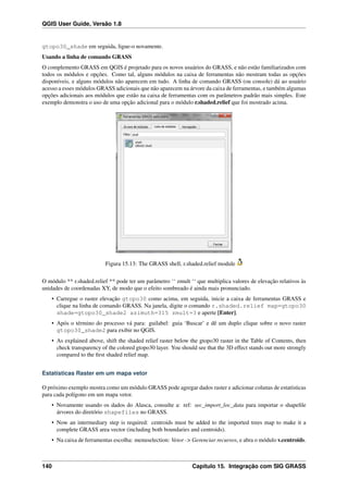 QGIS User Guide, Versão 1.8
gtopo30_shade em seguida, ligue-o novamente.
Usando a linha de comando GRASS
O complemento GRASS em QGIS é projetado para os novos usuários do GRASS, e não estão familiarizados com
todos os módulos e opções. Como tal, alguns módulos na caixa de ferramentas não mostram todas as opções
disponíveis, e alguns módulos não aparecem em tudo. A linha de comando GRASS (ou console) dá ao usuário
acesso a esses módulos GRASS adicionais que não aparecem na árvore da caixa de ferramentas, e também algumas
opções adicionais aos módulos que estão na caixa de ferramentas com os parâmetros padrão mais simples. Este
exemplo demonstra o uso de uma opção adicional para o módulo r.shaded.relief que foi mostrado acima.
Figura 15.13: The GRASS shell, r.shaded.relief module
O módulo ** r.shaded.relief ** pode ter um parâmetro ‘‘ zmult ‘‘ que multiplica valores de elevação relativos às
unidades de coordenadas XY, de modo que o efeito sombreado é ainda mais pronunciado.
• Carregue o raster elevação gtopo30 como acima, em seguida, inicie a caixa de ferramentas GRASS e
clique na linha de comando GRASS. Na janela, digite o comando r.shaded.relief map=gtopo30
shade=gtopo30_shade2 azimuth=315 zmult=3 e aperte [Enter].
• Após o término do processo vá para: guilabel: guia ‘Buscar’ e dê um duplo clique sobre o novo raster
gtopo30_shade2 para exibir no QGIS.
• As explained above, shift the shaded relief raster below the gtopo30 raster in the Table of Contents, then
check transparency of the colored gtopo30 layer. You should see that the 3D effect stands out more strongly
compared to the ﬁrst shaded relief map.
Estatísticas Raster em um mapa vetor
O próximo exemplo mostra como um módulo GRASS pode agregar dados raster e adicionar colunas de estatísticas
para cada polígono em um mapa vetor.
• Novamente usando os dados do Alasca, consulte a: ref: sec_import_loc_data para importar o shapeﬁle
árvores do diretório shapefiles no GRASS.
• Now an intermediary step is required: centroids must be added to the imported trees map to make it a
complete GRASS area vector (including both boundaries and centroids).
• Na caixa de ferramentas escolha: menuselection: Vetor -> Gerenciar recursos, e abra o módulo v.centroids.
140 Capítulo 15. Integração com SIG GRASS
 