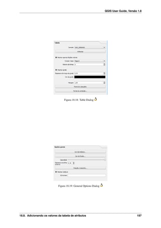 QGIS User Guide, Versão 1.8
Figura 18.18: Table Dialog
Figura 18.19: General Options Dialog
18.8. Adicionando os valores da tabela de atributos 197
 