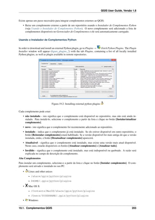 QGIS User Guide, Versão 1.8
Existe apenas um passo necessário para integrar complementos externos ao QGIS:
• Baixe um complemento externo a partir de um repositório usando o Instalador de Complementos Python
(veja Usando o Instalador de Complementos Python). O novo complemento será adicionado a lista de
complementos disponíveis no Gerenciador de Complementos e ele será automaticamente carregado.
Usando o Instalador de Complementos Python
In order to download and install an external Python plugin, go to Plugins → Fetch Python Plugins. The Plugin
Installer window will appear (ﬁgure_plugins_2) with the tab Plugins, containing a list of all locally installed
Python plugins, as well as plugin available in remote repositories.
Figura 19.2: Installing external python plugins
Cada complemento pode estar:
• não instalado - isto signiﬁca que o complemento está disponível no repositório, mas não está ainda in-
stalado. Para instalá-lo, selecione o complemento a partir da lista e clique no botão [Instalar/atualizar
complemento].
• novo - isto signiﬁca que o complemento foi recentemente adicionado ao repositório.
• instalado - indica que o complemento já está instalado. Se ele estiver disponível em outro repositório, o
botão [Reinstalar complemento] estará habilitado. Se a versão disponível for mais antiga do que a versão
instalada, então, o botão [Desatualizar complemento] aparecerá.
• Atualizável - signiﬁca que o complemento está instalado, mas existe uma versão mais atual disponível.
Neste caso, estarão disponíveis os botões [Atualizar complemento] e [Atualizar tudo].
• Inválido - signiﬁca que o complemento está instalado, mas está indisponível ou quebrado. A razão será
explicada no campo de descrição do complemento.
Aba Complementos
Para instalar um complemento, selecione-o a partir da lista e clique no botão [Instalar complemento]. O com-
plemento será ativado e instalado no seu PC.
• Linux and other unices
– /share/qgis/python/plugins
– $HOME/.qgis/python/plugins
• Mac OS X
– /Contents/MacOS/share/qgis/python/plugins
– /Users/$USERNAME/.qgis/python/plugins
• Windows
19.1. Complementos QGIS 203
 