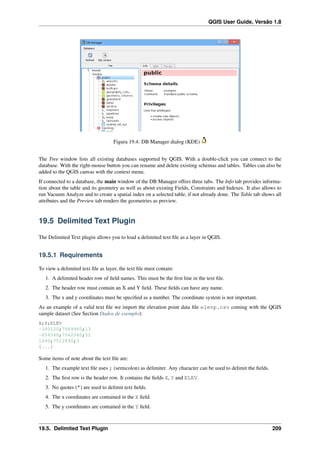 QGIS User Guide, Versão 1.8
Figura 19.4: DB Manager dialog (KDE)
The Tree window lists all existing databases supported by QGIS. With a double-click you can connect to the
database. With the right-mouse button you can rename and delete existing schemas and tables. Tables can also be
added to the QGIS canvas with the context menu.
If connected to a database, the main window of the DB Manager offers three tabs. The Info tab provides informa-
tion about the table and its geometry as well as about existing Fields, Constraints and Indexes. It also allows to
run Vacuum Analyze and to create a spatial index on a selected table, if not already done. The Table tab shows all
attributes and the Preview tab renders the geometries as preview.
19.5 Delimited Text Plugin
The Delimited Text plugin allows you to load a delimited text ﬁle as a layer in QGIS.
19.5.1 Requirements
To view a delimited text ﬁle as layer, the text ﬁle must contain:
1. A delimited header row of ﬁeld names. This must be the ﬁrst line in the text ﬁle.
2. The header row must contain an X and Y ﬁeld. These ﬁelds can have any name.
3. The x and y coordinates must be speciﬁed as a number. The coordinate system is not important.
As an example of a valid text ﬁle we import the elevation point data ﬁle elevp.csv coming with the QGIS
sample dataset (See Section Dados de exemplo):
X;Y;ELEV
-300120;7689960;13
-654360;7562040;52
1640;7512840;3
[...]
Some items of note about the text ﬁle are:
1. The example text ﬁle uses ; (semicolon) as delimiter. Any character can be used to delimit the ﬁelds.
2. The ﬁrst row is the header row. It contains the ﬁelds X, Y and ELEV.
3. No quotes (") are used to delimit text ﬁelds.
4. The x coordinates are contained in the X ﬁeld.
5. The y coordinates are contained in the Y ﬁeld.
19.5. Delimited Text Plugin 209
 