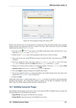 QGIS User Guide, Versão 1.8
Figura 19.6: Vector properties dialog with overlay tab
Similar to the Diagrams tab, we will demonstrate an example and overlay the alaska boundary layer a piechart
diagram showing some temperature data from a climate vector layer. Both vector layers are part of the QGIS
sample dataset (see Section Dados de exemplo).
1. First click on the Load Vector
icon, browse to the QGIS sample dataset folder and load the two vector
shape layers alaska.shp and climate.shp.
2. Double click the climate layer in the map legend to open the Layer Properties dialog.
3. Click on the Overlay tab, activate Display diagrams and select ‘Pie Chart’ from Diagram type
combobox.
4. We want to display the values of the three columns T_F_JAN, T_F_JUL and T_F_MEAN. First select
T_F_JAN as Attributes and click the [Add] button, then T_F_JUL and ﬁnally T_F_MEAN.
5. Diagram size is based on linear scaling of a classiﬁcation attribute. We choose T_F_JUL, click on [Find
maximum value] and set size to 20 and Size unit to ‘Millimeter’.
6. Now click [Apply] to display the diagram in the QGIS main window.
7. You can now adapt the chart size, or change the attribute colors double clicking on the color values in the
attribute ﬁeld. Figure_overlay_2 gives an impression.
8. Finally click [Ok].
Additionally in the Settings → Options dialog, there is a Overlay tab where it is possible to select the placement
algorithm of the diagrams. The ‘Central point’ method is a generic one, the others use algorithms of the PAL
library. They also consider diagram objects and labels in different layers.
19.7 Dxf2Shp Converter Plugin
The dxf2shape converter plugin can be used to convert vector data from DXF to Shapeﬁle format. It requires the
following parameters to be speciﬁed before running:
• Input DXF ﬁle: Enter path to the DXF ﬁle to be converted
• Output Shp ﬁle: Enter desired name of the Shapeﬁle to be created
19.7. Dxf2Shp Converter Plugin 211
 