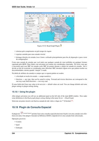 QGIS User Guide, Versão 1.8
Figura 19.32: Road Graph Plugin
• otimizar pelo comprimento ou pelo tempo de viagem
• exportar caminho para uma camada vetorial
• destaque direções de estradas (isso é lento e utilizado principalmente para ﬁns de depuração e para o teste
de conﬁgurações)
Como uma camada de estradas que você pode usar qualquer camada de vetor polilinha em qualquer formato
suportado pelo QGIS. Duas linhas com um ponto em comum são consideradas conectadas. Por favor, note que
é necessário para usar SRC da camada como SRC do projeto durante a edição de camada de estradas. Isto é
devido ao fato de recalcular as coordenadas entre diferentes SRC introduzir alguns erros que podem resultar em
descontinuidades, mesmo quando “atração” é usado.
Na tabela de atributos da camada os campos que se seguem podem ser usados:
• velocidade no trecho de estrada — campo numérico;
• direction — any type, that can be casted to string. Forward and reverse directions are correspond to the
one-way road, both directions — two-way road
If some ﬁelds don’t have any value or do not exist — default values are used. You can change defaults and some
plugin settings in plugin settings dialog.
19.18.1 Using the plugin
After plugin activation you will see an additional panel on the left side of the main QGIS window. Now make
some deﬁnitions to the Road graph plugin settings dialog in the menu Vector → Road Graph.
Selecione um ponto inicial e um ﬁnal na camada da rede viária e clique em ** [Calcular] **.
19.19 Plugin de Consulta Espacial
O plugin de Consulta Espacial
permite fazer uma consulta espacial(selecionar feições) em uma camada com refer-
ência em outra. Este plugin é baseado na biblioteca GEOS e depende de ter uma camada fonte selecionada.
Operações possíveis:
• Contém
• Igual
• Sobrepõe
244 Capítulo 19. Complementos
 