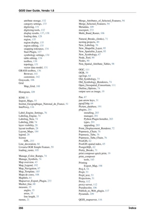 QGIS User Guide, Versão 1.8
attribute storage, 132
category settings, 133
digitizing, 131
digitizing tools, 132
display results, 137, 138
loading data, 128
region, 135
region display, 135
region editing, 135
snapping tolerance, 134
Start Plugin, 127
symbology settings, 134
table editing, 134
toolbox, 139
topology, 131
vector data model, 131
GRASS toolbox, 136
Browser, 141
customize, 142
Grayscale, 106
Grid
Map_Grid, 188
Histogram, 109
IGNF, 51
Import_Maps, 55
Institut_Geographique_National_de_France, 51
InteProxy, 116
Label_Engine_Settings, 76
Labeling_Engine, 74
Labeling_New, 74
Labeling_Old, 74
layer visibility, 28
layout toolbars, 28
Layout_Maps, 184
legend, 28
license
GPL, 253
Line_decoration, 68
Livraria OGR Simple Feature, 59
loading_raster, 105
Manage_Color_Ramps, 74
Manage_Symbols, 74
Map overview, 43
Map_Legend, 192
Map_Navigation, 87
Map_Template, 185
Mapa de cores, 108
MapInfo, 61
Mapserver_Export_Plugin, 233
Marker_line, 68
measure, 35
angles, 35
areas, 35
line length, 35
menus, 21
Merge_Attributes_of_Selected_Features, 94
Merge_Selected_Features, 94
Metadata, 109
msexport, 233
Multi_Band_Raster, 106
Natural_Breaks_(Jenks), 71
nesting projects, 40
New_Labeling, 76
New_Shapeﬁle_Layer, 95
New_Spatialite_Layer, 95
New_Symbology, 67
Node_Tool, 90
Nodes, 90
Non_Spatial_Attribute_Tables, 98
OGC, 111
OGR, 59
ogr2ogr, 64
Old_Symbology, 73
Old_Symbology_Renderers, 74
Open_Geospatial_Consortium, 111
Outline_Options, 74
output save as image, 19
Pan, 87
pan arrow keys, 31
pgsql2shp, 64
Picture_database, 191
plugins, 201
installing, 203
manager, 201
Python Plugin Installer, 203
types, 201
upgrading, 203
Point_Displacement_Renderer, 72
Popmusic_Chain, 76
Popmusic_Tabu, 76
Popmusic_Tabu_Chain, 76
PostGIS, 62
PostGIS spatial index, 65
PostgreSQL, 62
Pretty_Breaks, 71
print composer quick print, 19
print_composer
tools, 185
Printing
Export_Map, 198
Proj.4, 54
Proj4, 53
Proj4_text, 53
Projections, 51
Proxy, 112
proxy-server, 112
Pseudocolor, 106
Publish_to_Web_plugin, 117
Pyramids, 109
QGIS_mapserver, 116
266 Índice
 