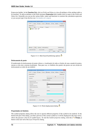 QGIS User Guide, Versão 1.8
Expression builder. In the Function List, click on Fields and Values to view all attributes of the attribute table to
be searched. To add an attribute to the Field calculator Expression ﬁeld, double click its name in the Fields and
Values list. Generally you can use the various ﬁelds, values and functions to construct the calculation expression
or you can just type it into the box (see Calculadora de campo).
Figura 11.11: Rule-based Symbolizing options
Deslocamento de ponto
O renderizador de deslocamento de ponto oferece a visualização de todas as feições de uma camada de pontos,
mesmo se eles tem a mesma localização. Para para isso, os símbolos dos pontos são postos em um círculo de
deslocamento ao redor de um símbolo.
Figura 11.12: Point displacement dialog
Propriedades de Símbolos
The symbol properties dialog allows the user to specify different properties of the symbol to be rendered. In the
bottom left part of the dialog, you ﬁnd a preview of the current symbol as it will be displayed in the map canvas.
Above the preview is the list of symbol layers. To start the Symbol properties dialog, click the [ Change...]
button in the Style tab of the Layer Properties dialog.
72 Capítulo 11. Trabalhando com dados vetoriais
 