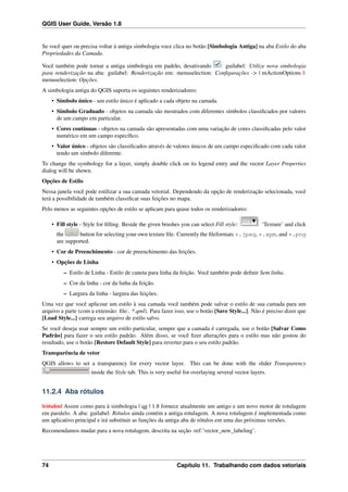 QGIS User Guide, Versão 1.8
Se você quer ou precisa voltar à antiga simbologia voce clica no botão [Simbologia Antiga] na aba Estilo do aba
Propriedades da Camada.
Você também pode tornar a antiga simbologia em padrão, desativando : guilabel: Utilize nova simbologia
para renderização na aba: guilabel: Renderização em: menuselection: Conﬁgurações -> | mActionOptions |:
menuselection: Opções.
A simbologia antiga do QGIS suporta os seguintes renderizadores:
• Símbolo único - um estilo único é aplicado a cada objeto na camada.
• Símbolo Graduado - objetos na camada são mostrados com diferentes símbolos classiﬁcados por valores
de um campo em particular.
• Cores contínuas - objetos na camada são apresentadas com uma variação de cores classiﬁcadas pelo valor
numérico em um campo especíﬁco.
• Valor único - objetos são classiﬁcados através de valores únicos de um campo especiﬁcado com cada valor
tendo um símbolo diferente.
To change the symbology for a layer, simply double click on its legend entry and the vector Layer Properties
dialog will be shown.
Opções de Estilo
Nessa janela você pode estilizar a sua camada vetorial. Dependendo da opção de renderização selecionada, você
terá a possibilidade de também classiﬁcar suas feições no mapa.
Pelo menos as seguintes opções de estilo se aplicam para quase todos os renderizadores:
• Fill style - Style for ﬁlling. Beside the given brushes you can select Fill style: ‘Texture’ and click
the button for selecting your own texture ﬁle. Currently the ﬁleformats *.jpeg, *.xpm, and *.png
are supported.
• Cor de Preenchimento - cor de preenchimento das feições.
• Opções de Linha
– Estilo de Linha - Estilo de caneta para linha da feição. Você também pode deﬁnir Sem linha.
– Cor da linha - cor da linha da feição.
– Largura da linha - largura das feições.
Uma vez que você aplicour um estilo à sua camada você também pode salvar o estilo de sua camada para um
arquivo a parte (com a extensão: ﬁle:. *.qml). Para fazer isso, use o botão [Save Style...]. Não é preciso dizer que
[Load Style...] carrega seu arquivo de estilo salvo.
Se você deseja usar sempre um estilo particular, sempre que a camada é carregada, use o botão [Salvar Como
Padrão] para fazer o seu estilo padrão. Além disso, se você ﬁzer alterações para o estilo mas não gostou do
resultado, use o botão [Restore Default Style] para reverter para o seu estilo padrão.
Transparência de vetor
QGIS allows to set a transparency for every vector layer. This can be done with the slider Transparency
inside the Style tab. This is very useful for overlaying several vector layers.
11.2.4 Aba rótulos
|rótulos| Assim como para à simbologia | qg | 1.8 fornece atualmente um antigo e um novo motor de rotulagem
em paralelo. A aba: guilabel: Rótulos ainda contém a antiga rotulagem. A nova rotulagem é implementada como
um aplicativo principal e irá substituir as funções da antiga aba de rótulos em uma das próximas versões.
Recomendamos mudar para a nova rotulagem, descrita na seção :ref:’vector_new_labeling’.
74 Capítulo 11. Trabalhando com dados vetoriais
 