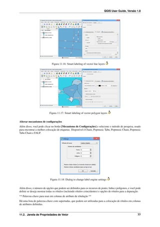 QGIS User Guide, Versão 1.8
Figura 11.16: Smart labeling of vector line layers
Figura 11.17: Smart labeling of vector polygon layers
Alterar mecanismos de conﬁgurações
Além disso, você pode clicar no botão [Mecanismo de Conﬁgurações] e selecione o método de pesquisa, usado
para encontrar a melhor colocação de etiquetas. Disponível é Chain, Popmusic Tabu, Popmusic Chain, Popmusic
Tabu Chain e FALP.
Figura 11.18: Dialog to change label engine settings
Além disso, o número de opções que podem ser deﬁnidos para os recursos de ponto, linha e polígonos, e você pode
deﬁnir se deseja mostrar todas os rótulos (incluindo rótulos coincidentes) e opções de rótulos para a depuração.
** Palavras-chave para usar em colunas de atributo de rótulação **
Há uma lista de palavras-chave com suportadas, que podem ser utilizadas para a colocação de rótulos em colunas
de atributos deﬁnidas.
11.2. Janela de Propriedades de Vetor 77
 