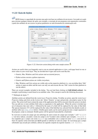 QGIS User Guide, Versão 1.8
11.2.9 Guia de Ações
QGIS fornece a capacidade de executar uma ação com base nos atributos de um recurso. Isso pode ser usado
para executar qualquer número de ações, por exemplo, a execução de um programa com argumentos construídos
a partir dos atributos de um recurso ou passar parâmetros ao uma ferramenta de comunicação web.
Figura 11.22: Overview action dialog with some sample actions
Actions are useful when you frequently want to run an external application or view a web page based on one or
more values in your vector layer. They are devided into 6 types and can be used like this:
• Generic, Mac, Windows and Unix actions start an external process,
• Python actions execute a python expression,
• Generic and Python actions are visible everywhere,
• Mac, Windows and Unix actions are visible only on the respective platform (i.e. you can deﬁne three ‘Edit’
actions to open an editor and the users can only see and execute the one ‘Edit’ action for their platform to
run the editor).
There are several examples included in the dialog. You can load them clicking on [Add default actions]. An
example is performing a search based on an attribute value. This concept is used in the following discussion.
** Deﬁnição de Ações **
Attribute actions are deﬁned from the vector Layer Properties dialog. To deﬁne an action, open the vector Layer
Properties dialog and click on the Actions tab. Select ‘Generic’ as type and provide a descriptive name for the
action. The action itself must contain the name of the application that will be executed when the action is invoked.
You can add one or more attribute ﬁeld values as arguments to the application. When the action is invoked any
set of characters that start with a % followed by the name of a ﬁeld will be replaced by the value of that ﬁeld.
The special characters %% will be replaced by the value of the ﬁeld that was selected from the identify results or
attribute table (see using_actions below). Double quote marks can be used to group text into a single argument to
the program, script or command. Double quotes will be ignored if preceded by a backslash.
Se você tem os nomes de campo que são substrings de outros nomes de campo (por exemplo,‘‘ col1‘‘ e col10
), você deve indicar, cercando o nome do campo (e do %caráter) entre colchetes (por exemplo, [%col10] ).
Isso impedirá que o campo com nome %Col10 seja confundido com o campo de nome %col1 com um 0 no
ﬁnal. Os suportes serão removidos por QGIS quando se substitui no valor do campo. Se você deseja que o campo
substituído seja cercado por colchetes, utilizar um segundo conjunto da seguinte maneira: [[% Col10]].
11.2. Janela de Propriedades de Vetor 81
 