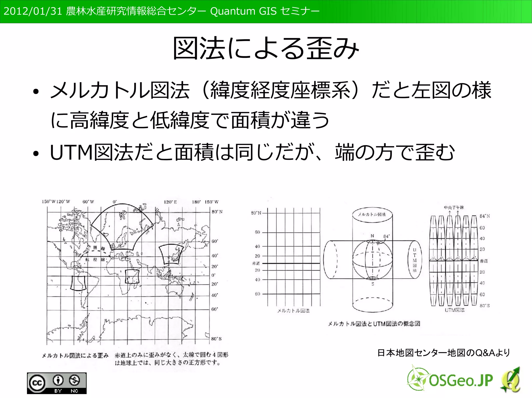 　OSGeo財団日本支部 QGISセミナー初級・基礎編 
37 
どちらのデータ形式を選ぶべき？ 
● 複数の属性をもてるベクタ形式の方が良い？ 
● そう単純ではない 
– データのサイズ、作成方法など 
● 用途と目的により使い分ける事が必要 
● DEM（標高データ）、衛星画像などはラスタ形式がメジャー 
● 道路、河川、調査地点情報などはベクタ形式がメジャー 
● 植生図、土壌図、土地利用図などはベクタ形式がメジャーだがラ 
スタも使われる 
 