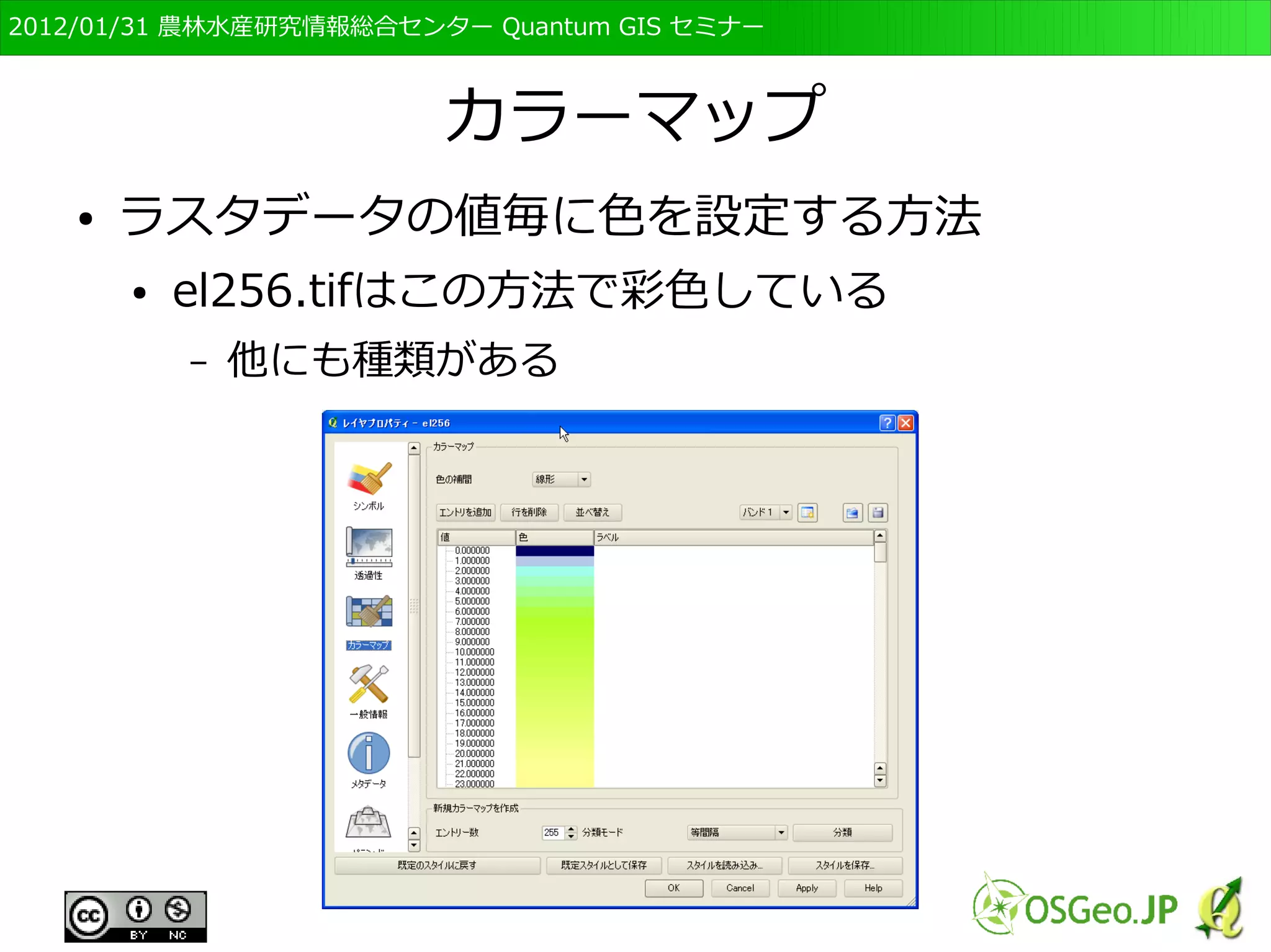 　OSGeo財団日本支部 QGISセミナー初級・基礎編 
69 
表示の調整 
● レイヤから表示を変えることができる 
● 一番上がレイヤ全体を表示 
● 三番目が最適倍率に表示 
– 一番きれいに見える倍率ということ 
● 「削除」はファイルの削除ではなく，「レイヤ」か 
ら消す、つまり表示しないということ 
 