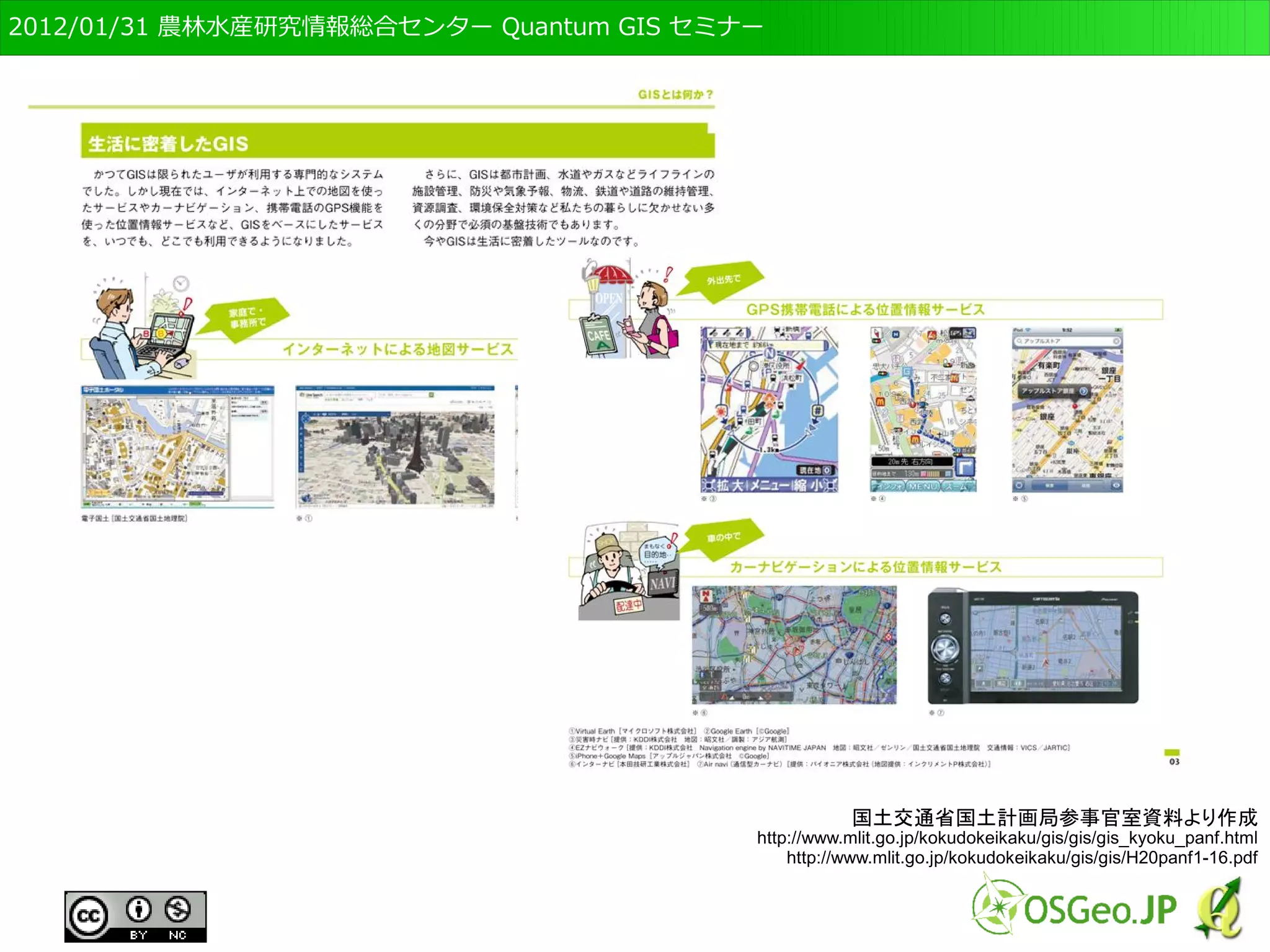 　OSGeo財団日本支部 QGISセミナー初級・基礎編 
8 
GISの機能 
● 地理空間情報の作成・編集、表示、分析、公開 
 