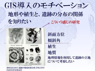 地形や植生と、遺跡の分布の関係
を知りたい
斜面方位
傾斜角
植生
地質
地理情報を利用して遺跡の立地
について考察したい
津村宏臣2001「遺跡の環境容量分析」『考古学の
ためのGIS分析』より
こういう感じの研究
 