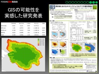 FOSS4G函館勉強会

GISの可能性を
実感した研究発表
Estimate

Std. Error

z value

Pr(>|z|)

Odds

(Intercept)

0.932

0.115

8.09

6.17E-16

DISTs.km

-1.39

0.0772

-18.0

< 2.00E-16

0.250

DISTbr.km

-0.138

0.0153

-9.06

< 2.00E-16

0.871

DEPTHc

-0.633

0.0449

-14.1

< 2.00E-16

0.531

SG10

-0.198

0.0458

-4.33

1.49E-05

0.820

 