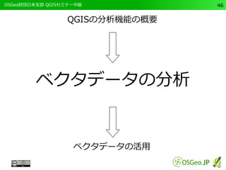 　OSGeo財団日本支部 QGISセミナー中級46 
QGISの分析機能の概要 
ベクタデータの分析 
ベクタデータの活用 
 