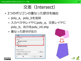 　OSGeo財団日本支部 QGISセミナー中級67 
交差（Intersect） 
● 2つのポリゴンの重なった部分を抽出 
● poly_a，poly_bを追加 
● 入力ベクタレイヤにpoly_a，交差レイヤに 
poly_b，出力をpoly_int.shp 
● 重なった部分が出力 
 