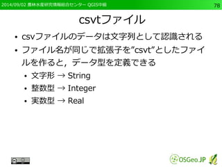 2014/09/02 農林水産研究情報総合センター QGIS中級78 
csvtファイル 
● csvファイルのデータは文字列として認識される 
● ファイル名が同じで拡張子を”csvt”としたファイ 
ルを作ると，データ型を定義できる 
● 文字形 → String 
● 整数型 → Integer 
● 実数型 → Real 
 