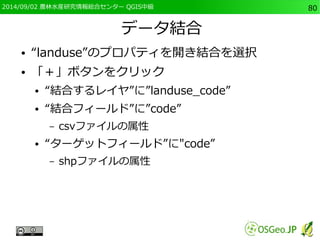 2014/09/02 農林水産研究情報総合センター QGIS中級80 
データ結合 
● “landuse”のプロパティを開き結合を選択 
● 「＋」ボタンをクリック 
● “結合するレイヤ”に”landuse_code” 
● “結合フィールド”に”code” 
– csvファイルの属性 
● “ターゲットフィールド”に"code” 
– shpファイルの属性 
 