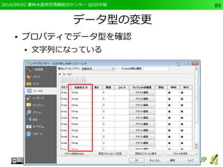 2014/09/02 農林水産研究情報総合センター QGIS中級89 
データ型の変更 
● プロパティでデータ型を確認 
● 文字列になっている 
 