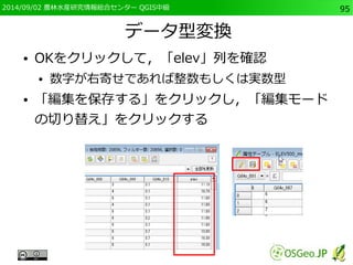 2014/09/02 農林水産研究情報総合センター QGIS中級95 
データ型変換 
● OKをクリックして，「elev」列を確認 
● 数字が右寄せであれば整数もしくは実数型 
● 「編集を保存する」をクリックし，「編集モード 
の切り替え」をクリックする 
 