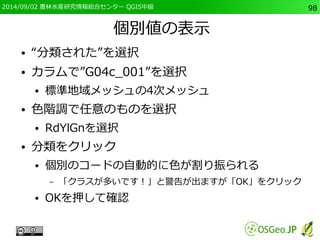 2014/09/02 農林水産研究情報総合センター QGIS中級98 
個別値の表示 
● “分類された”を選択 
● カラムで”G04c_001”を選択 
● 標準地域メッシュの4次メッシュ 
● 色階調で任意のものを選択 
● RdYlGnを選択 
● 分類をクリック 
● 個別のコードの自動的に色が割り振られる 
– 「クラスが多いです！」と警告が出ますが「OK」をクリック 
● OKを押して確認 
 