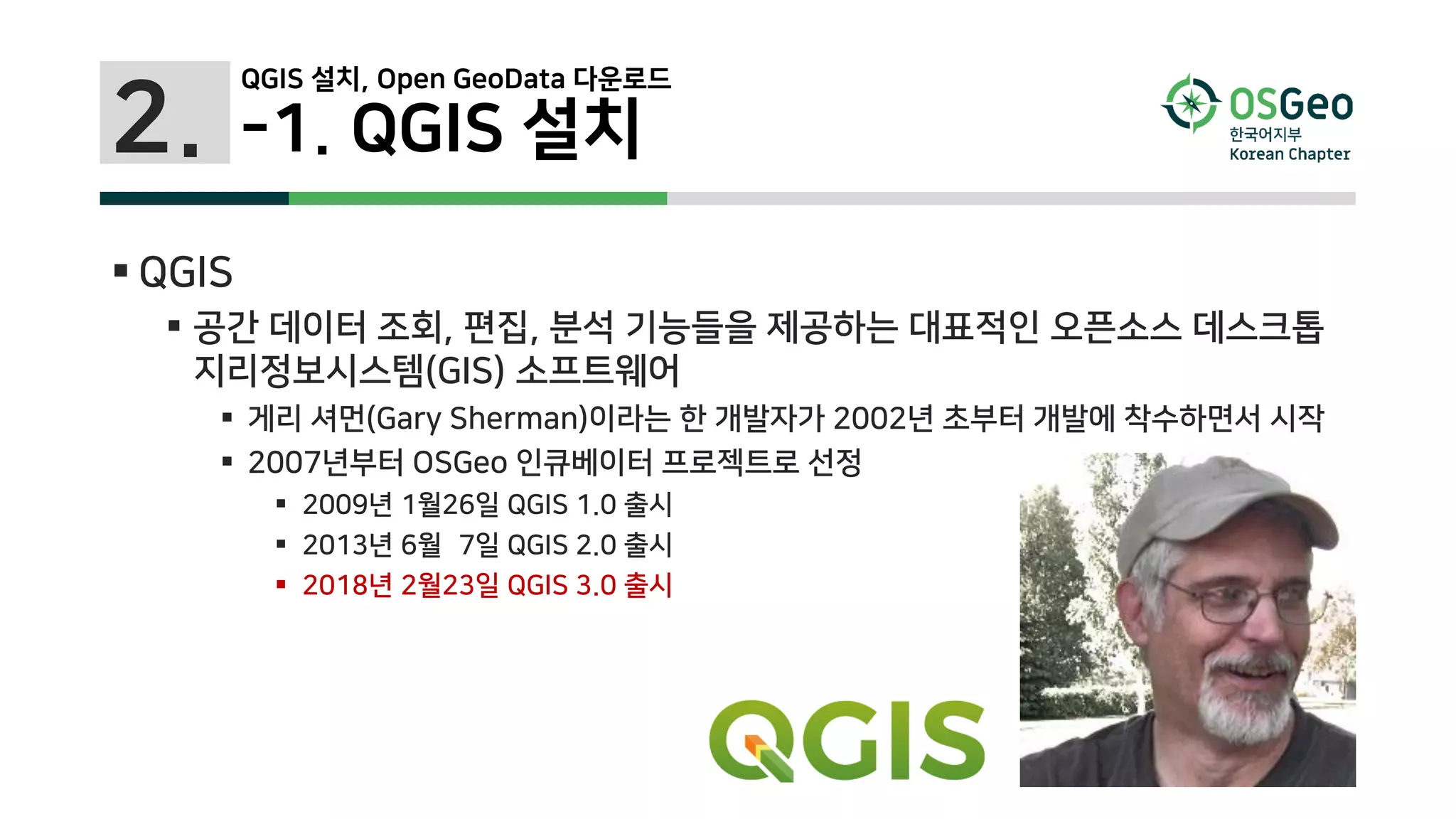 2. -1. QGIS 설치
 QGIS
 공간 데이터 조회, 편집, 분석 기능들을 제공하는 대표적인 오픈소스 데스크톱
지리정보시스템(GIS) 소프트웨어
 게리 셔먼(Gary Sherman)이라는 한 개발자가 2002년 초부터 개발에 착수하면서 시작
 2007년부터 OSGeo 인큐베이터 프로젝트로 선정
 2009년 1월26일 QGIS 1.0 출시
 2013년 6월07일 QGIS 2.0 출시
 2018년 2월23일 QGIS 3.0 출시
QGIS 설치, Open GeoData 다운로드
 
