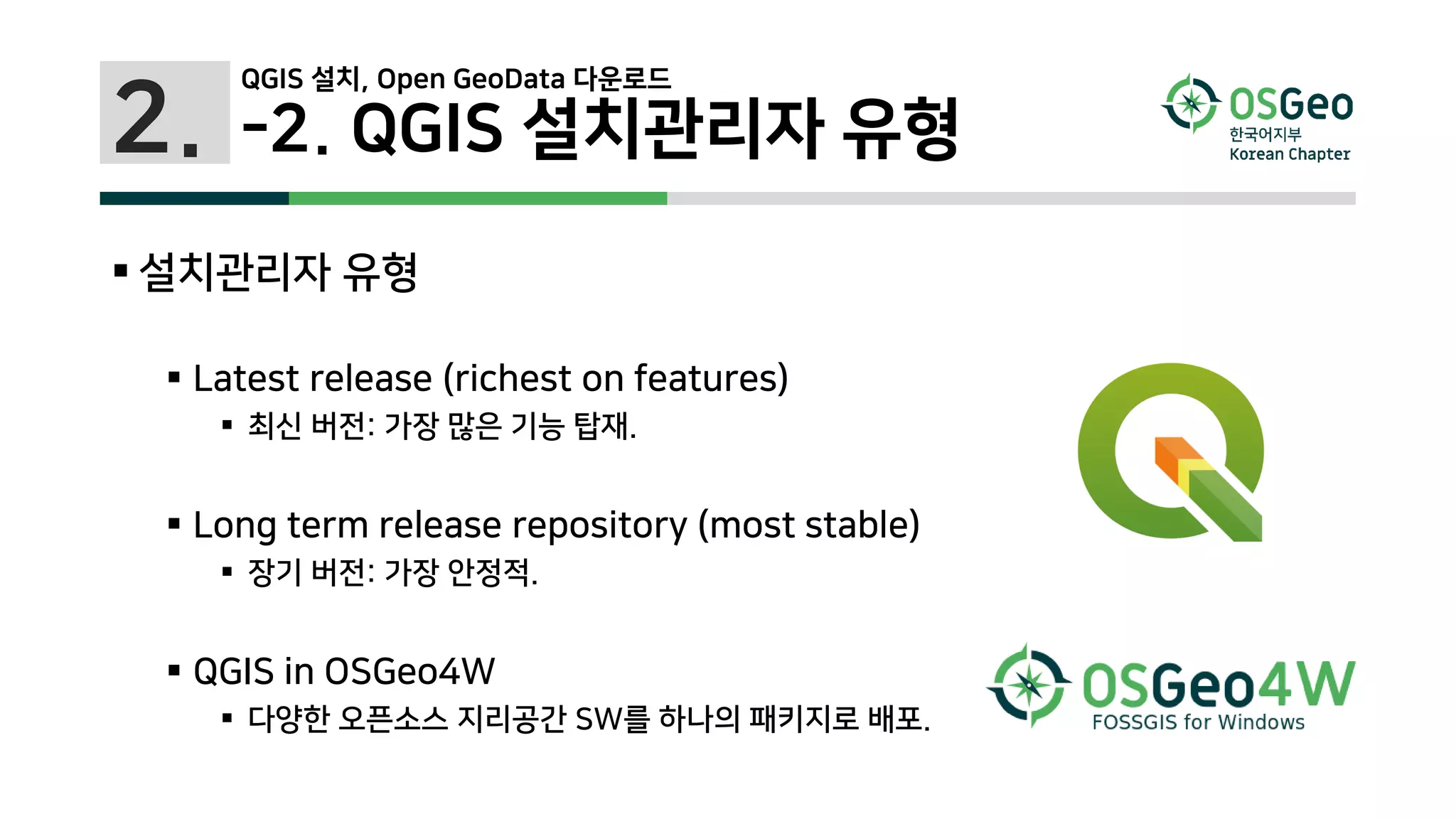 2. -2. QGIS 설치관리자 유형
 설치관리자 유형
 Latest release (richest on features)
 최신 버전: 가장 많은 기능 탑재.
 Long term release repository (most stable)
 장기 버전: 가장 안정적.
 QGIS in OSGeo4W
 다양한 오픈소스 지리공간 SW를 하나의 패키지로 배포.
QGIS 설치, Open GeoData 다운로드
 