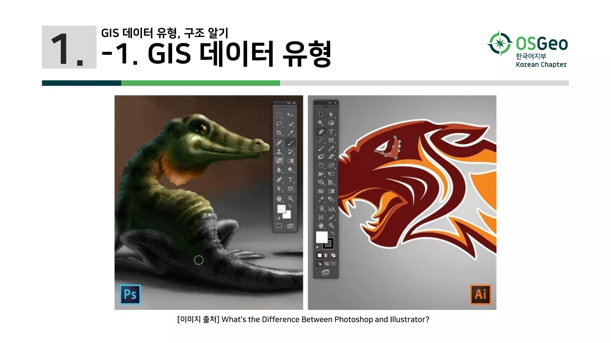 1. -1. GIS 데이터 유형
[이미지 출처] What's the Difference Between Photoshop and Illustrator?
GIS 데이터 유형, 구조 알기
 