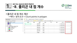 1.
 폴리곤 내 점 개수 계산
 벡터 > 분석 도구 > Count points in polygon
공간 또는 속성으로 레이어 편집하기
-8. 폴리곤 내 점 개수
 
