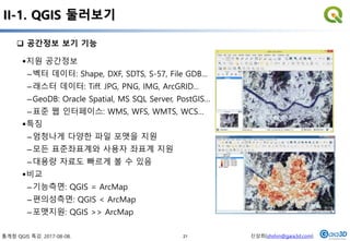 통계청 QGIS 특강. 2017-08-08. 신상희(shshin@gaia3d.com)
II-1. QGIS 둘러보기
지원 공간정보
–벡터 데이터: Shape, DXF, SDTS, S-57, File GDB…
–래스터 데이터: Tiff. JPG, PNG, IMG, ArcGRID…
–GeoDB: Oracle Spatial, MS SQL Server, PostGIS…
–표준 웹 인터페이스: WMS, WFS, WMTS, WCS…
특징
–엄청나게 다양한 파일 포맷을 지원
–모든 표준좌표계와 사용자 좌표계 지원
–대용량 자료도 빠르게 볼 수 있음
비교
–기능측면: QGIS = ArcMap
–편의성측면: QGIS < ArcMap
–포맷지원: QGIS >> ArcMap
 공간정보 보기 기능
21
 