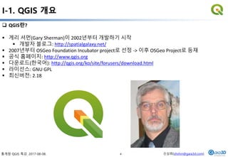 통계청 QGIS 특강. 2017-08-08. 신상희(shshin@gaia3d.com)
I-1. QGIS 개요
4
 QGIS란?
 게리 셔먼(Gary Sherman)이 2002년부터 개발하기 시작
 개발자 블로그: http://spatialgalaxy.net/
 2007년부터 OSGeo Foundation Incubator project로 선정 -> 이후 OSGeo Project로 등재
 공식 홈페이지: http://www.qgis.org
 다운로드(한국어): http://qgis.org/ko/site/forusers/download.html
 라이선스: GNU GPL
 최신버전: 2.18
 