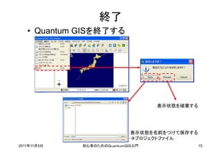 終了
   • Quantum GISを終了する




                                   表示状態を破棄する




                             表示状態を名前をつけて保存する
                             プロジェクトファイル
2011年11月5日   初心者のためのＱｕａｎｔｕｍＧＩＳ入門               15
 