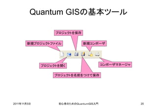 Quantum GISの基本ツール

                  プロジェクトを保存


       新規プロジェクトファイル           新規コンポーザ




             プロジェクトを開く                   コンポーザマネージャ


                  プロジェクトを名前をつけて保存




2011年11月5日         初心者のためのＱｕａｎｔｕｍＧＩＳ入門                20
 